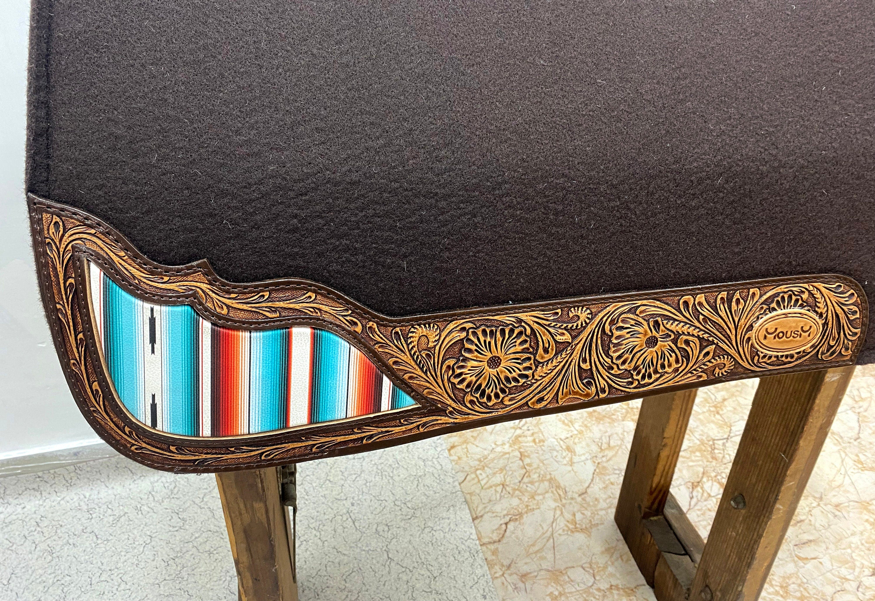 MOUSM Western Saddle Pad - Saddle Pad for Horse Synthetic Wool Blend Black Felt with Reinforced Spine with Hand-Tooled Leather & Serape Fabric Inlay, Comfortable Horse Riding Pad
