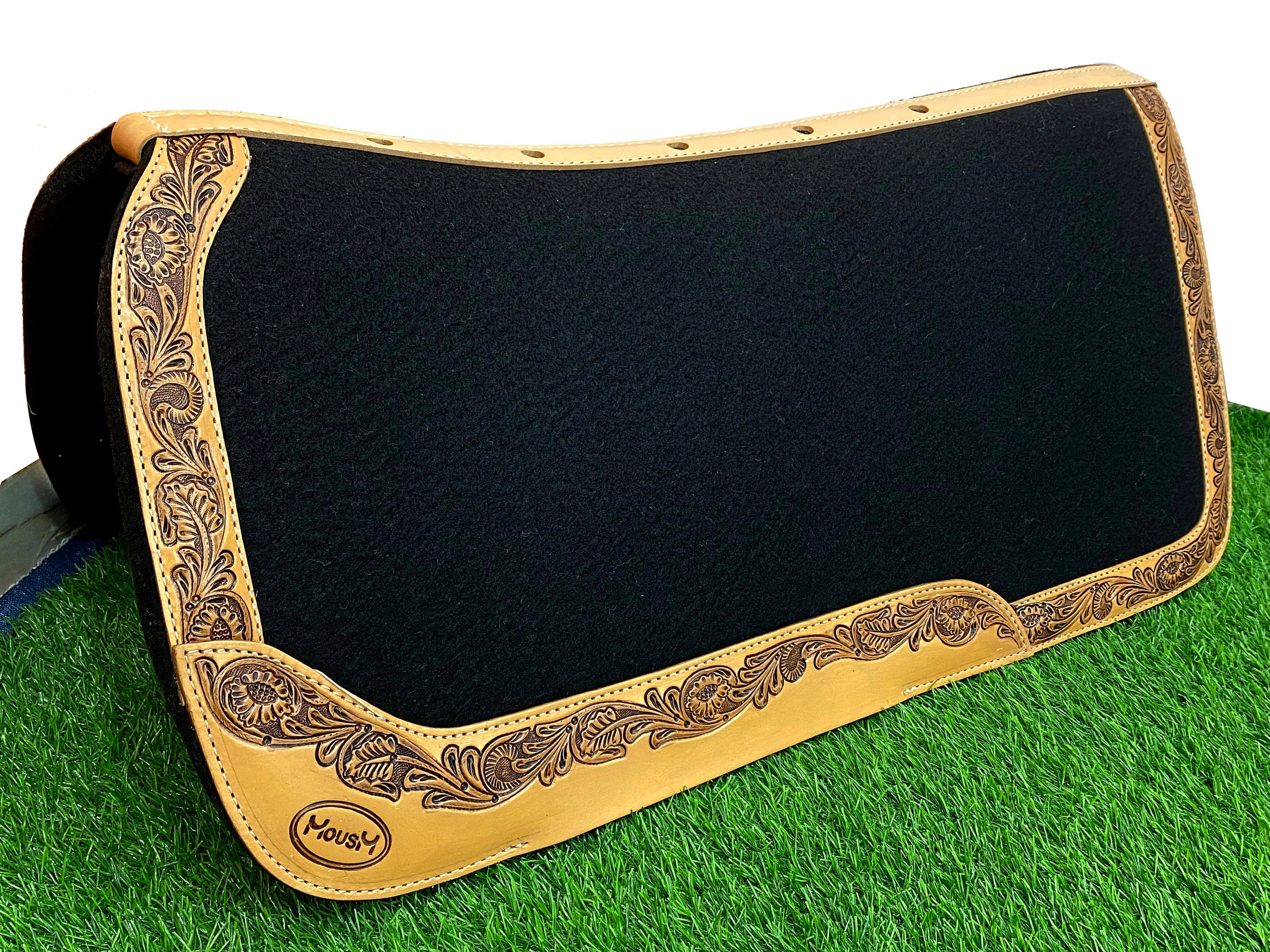 MOUSM Western Leather Saddle Pad, Western Show Saddle Pad, Horse Saddle Pad for Riding, Solid Black Leather Saddle Pad , Western Saddle