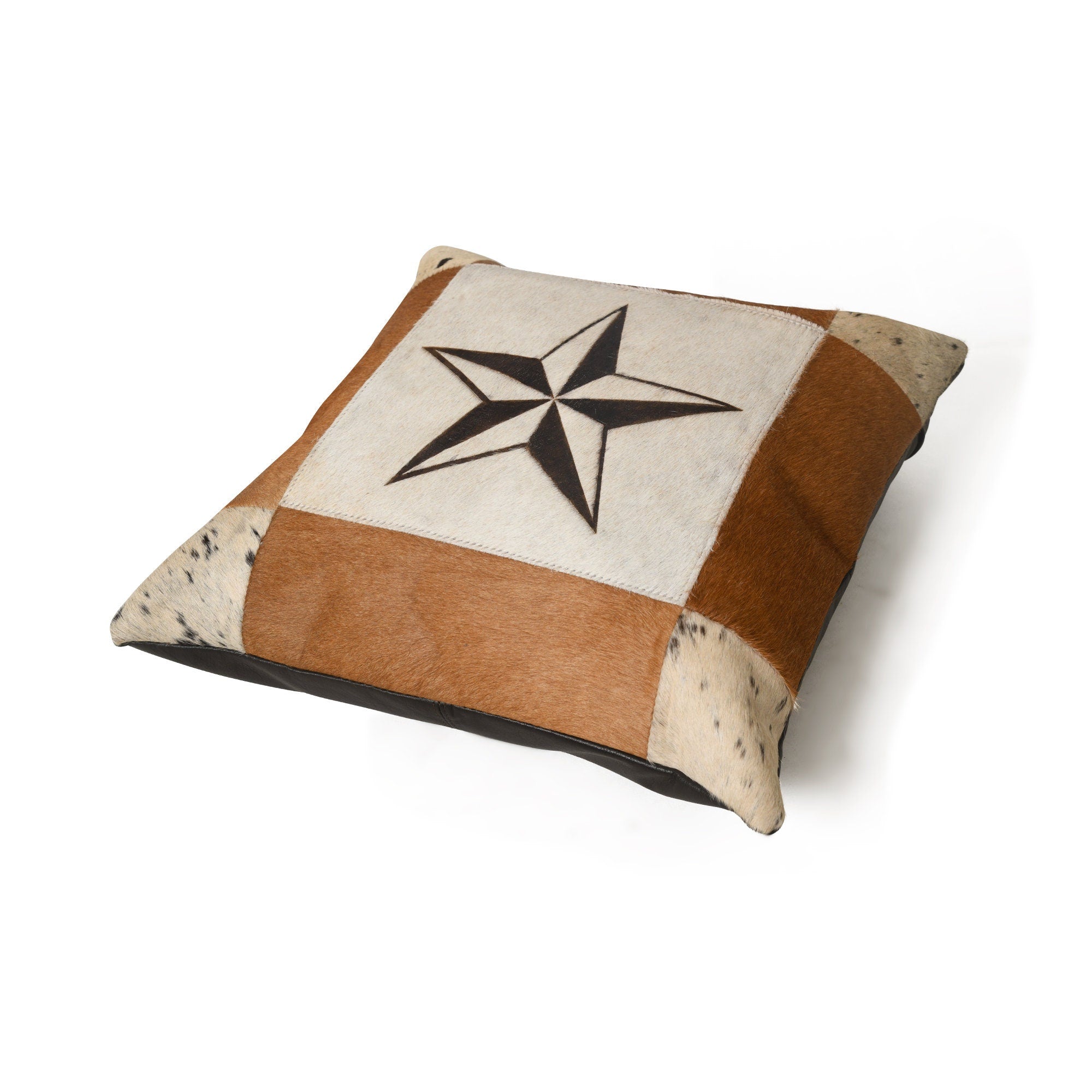 MOUSM Real Cowhide Leather Cushion Cover – 18x18 Inches Hair-On Leather Pillow Cover with Center-Printed Star Design – Designer Throw Pillow Case for Sofa, Couch, Living Room & Bedroom