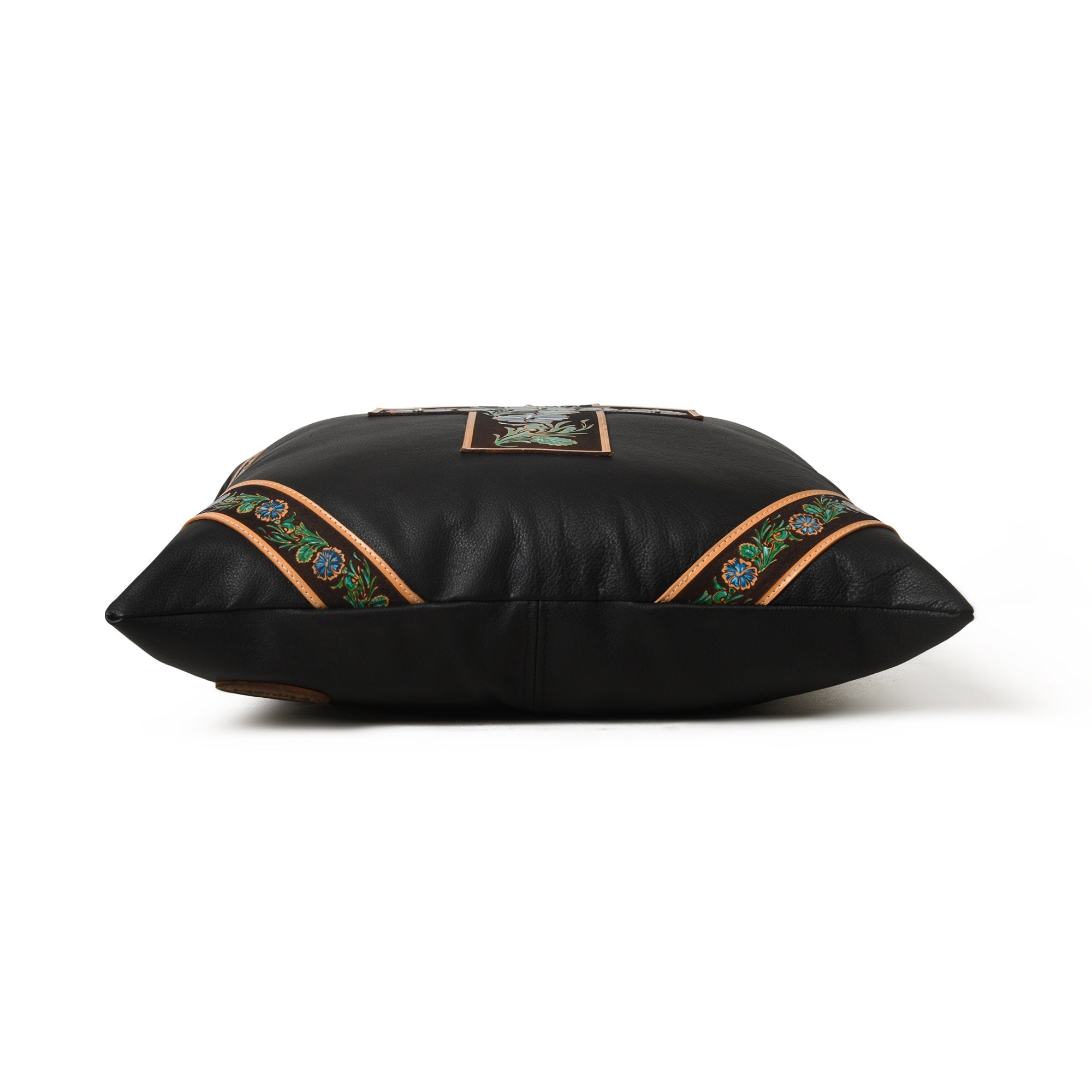 MOUSM Real Cowhide Leather Cushion Cover – 18x18 Inch Black Leather Pillow Cover with Engraved Floral Design on Hand-Painted Turquoise & Green Cross Patch – Designer Throw Pillow Case for Sofa, Couch, Living Room & Bedroom