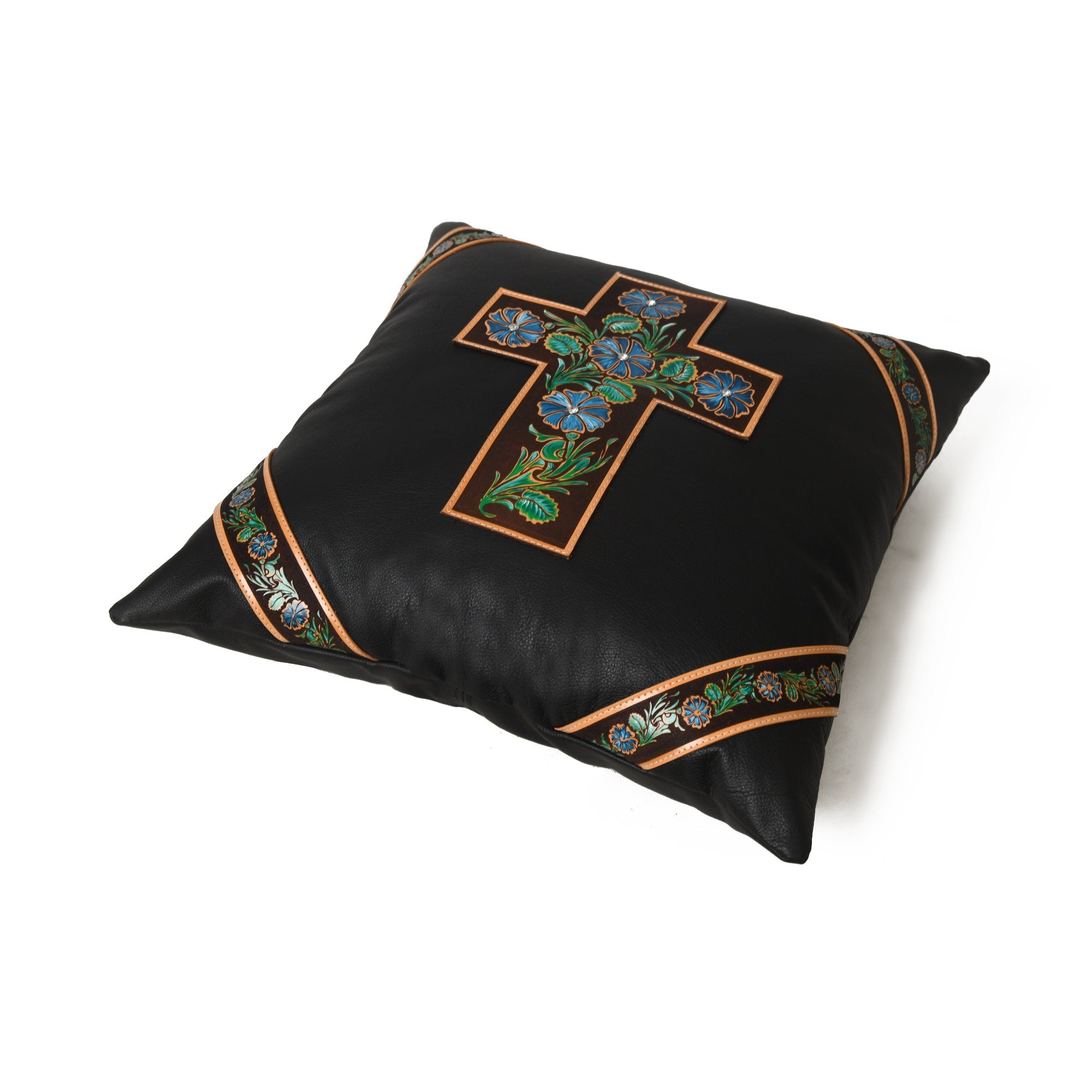 MOUSM Real Cowhide Leather Cushion Cover – 18x18 Inch Black Leather Pillow Cover with Engraved Floral Design on Hand-Painted Turquoise & Green Cross Patch – Designer Throw Pillow Case for Sofa, Couch, Living Room & Bedroom