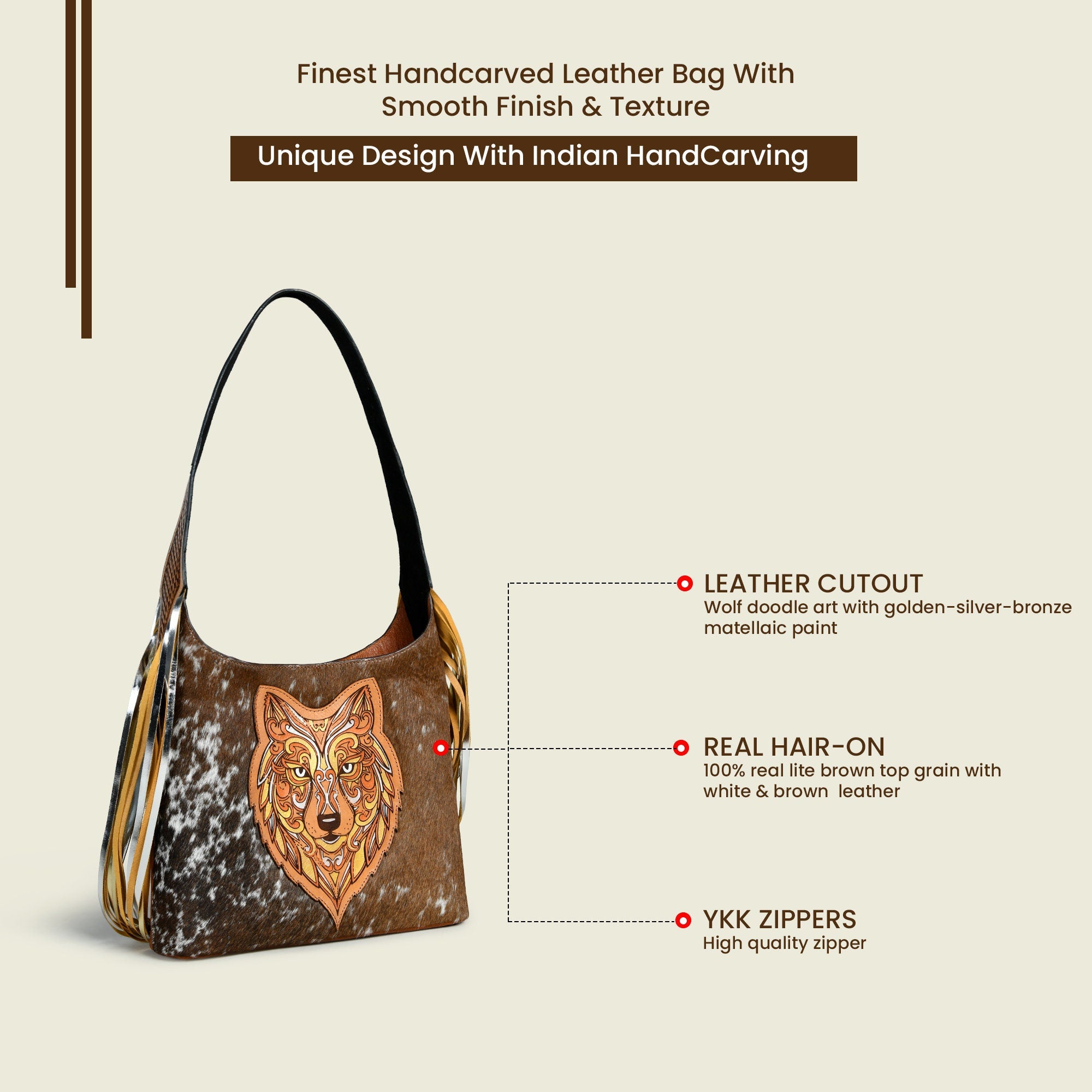 MOUSM Genuine Cow Hide Leather Shoulder Bag for Women - Wolf Doodle Art Patch with Golden-Silver-Bronze Metallic Paint on Real Hair-On Cow Hide Front & Fringe on Both Sides, High-Quality Zipper Closure