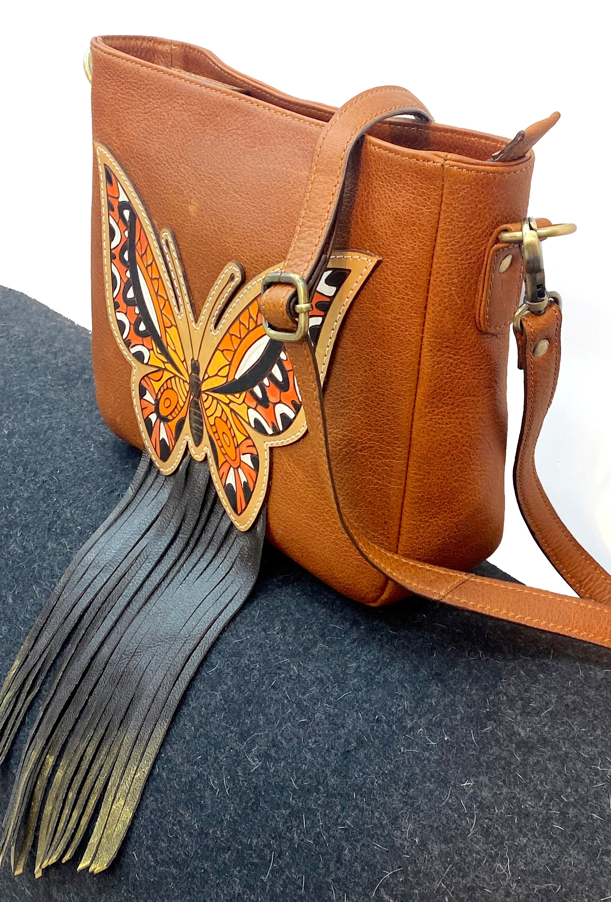 MOUSM Top Grain Genuine Leather Shoulder Bag - Ladies Purse Decorated with Hand-painted Butterfly Patch Carving & Fringe, High-Quality Zipper Closure with Removable and Adjustable Strap