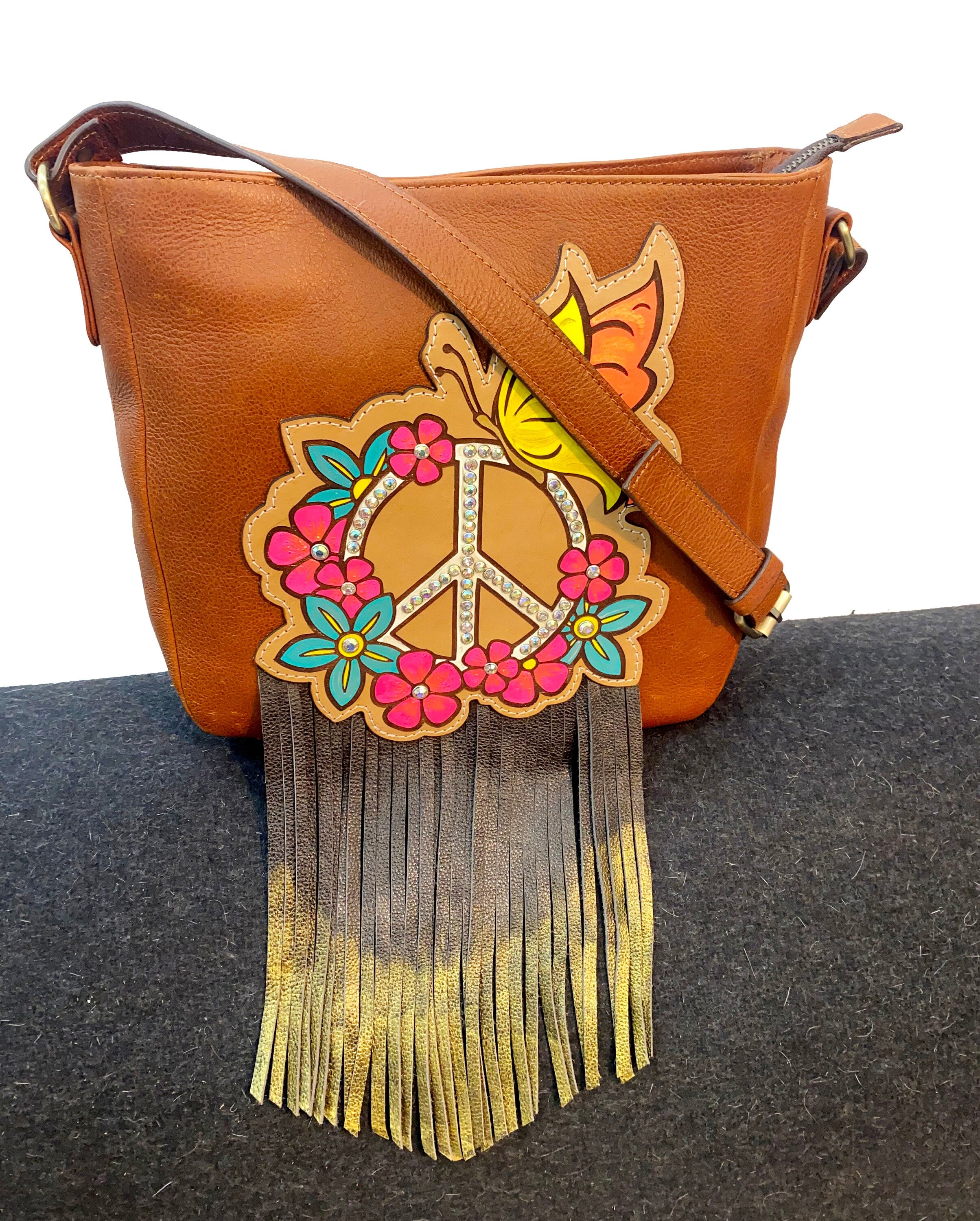 MOUSM Genuine Cow Hide Leather Shoulder Bag for Women - Ladies Bag with Hand-Painted Peace-Off Sign, Beautiful Flower Carving Patch Decorated with AB Rhinestones & Metallic Fringe, High-Quality Zipper Closure and Adjustable Strap