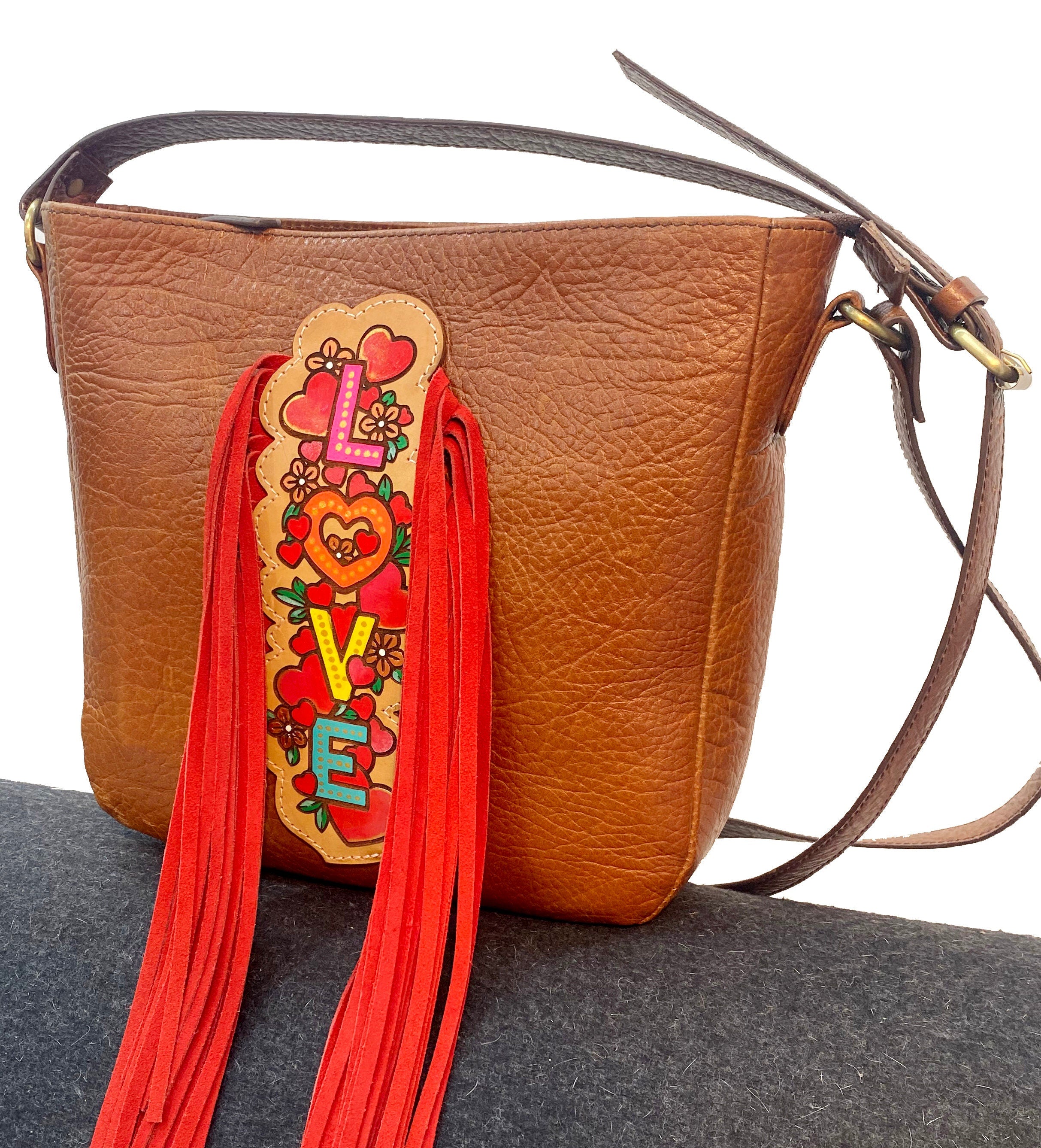 MOUSM Top Grain Cow Hide Leather Shoulder Bag - Leather Bag with Hand-Painted Colorful LOVE Text Patch with Long Red Fringe, High-Quality Zipper Closure and Adjustable Strap
