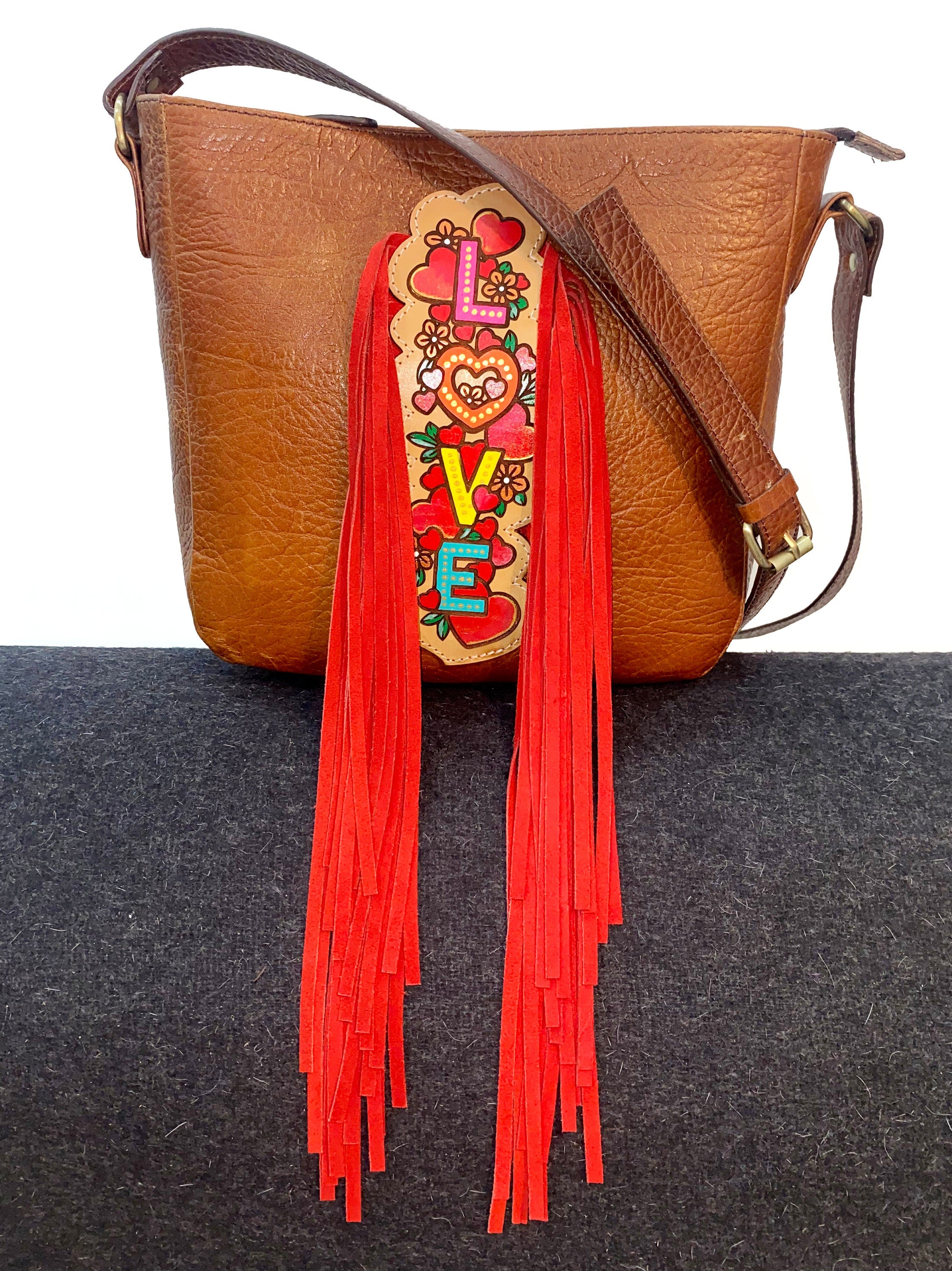 MOUSM Top Grain Cow Hide Leather Shoulder Bag - Leather Bag with Hand-Painted Colorful LOVE Text Patch with Long Red Fringe, High-Quality Zipper Closure and Adjustable Strap