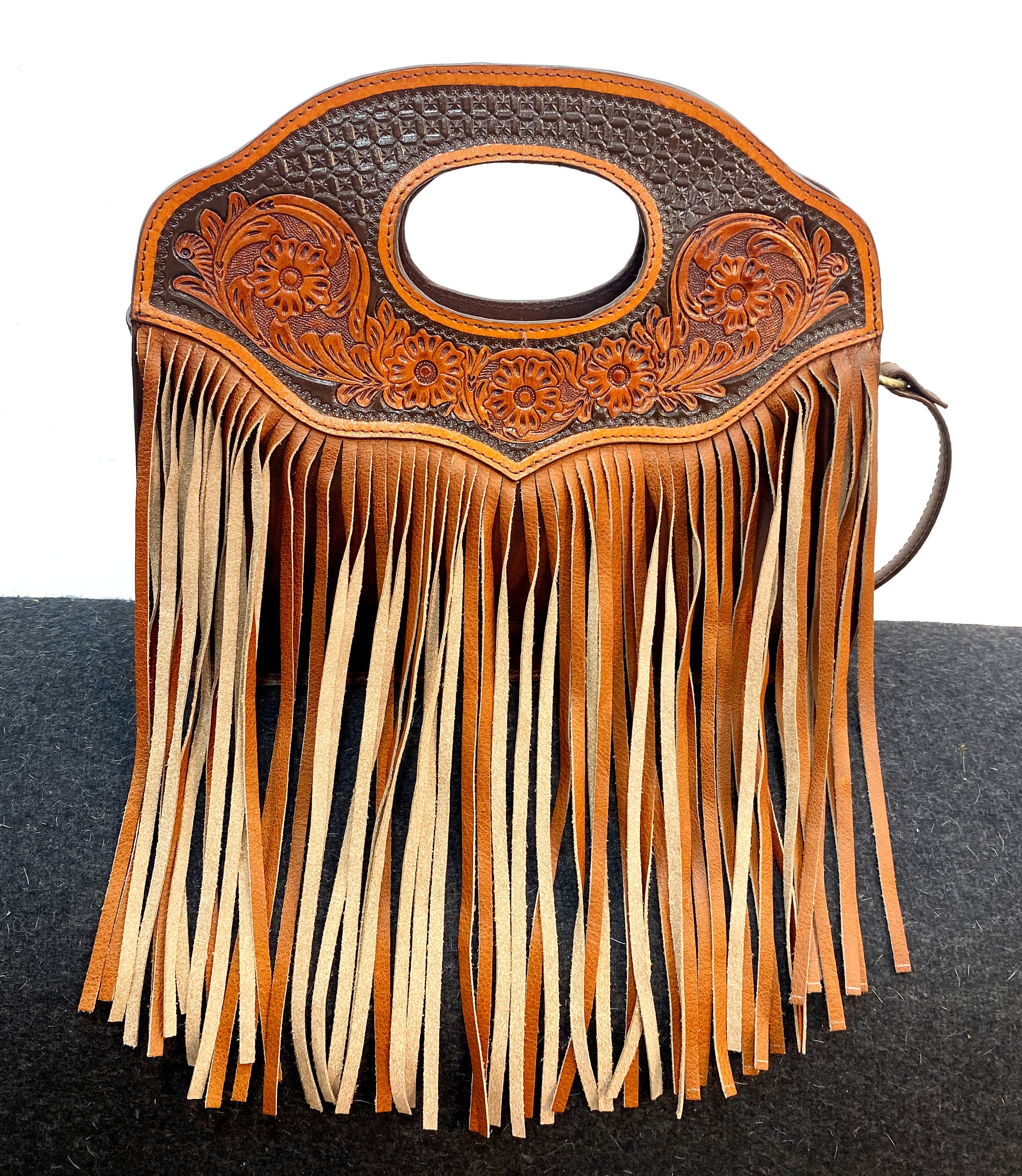 MOUSM Genuine Argentina Cow Leather Crossbody Bag - Tassel Bag Decorated with Hand-Tooled Flower Carving with Leather Fringe, High-Quality Zipper Closure with Adjustable Strap