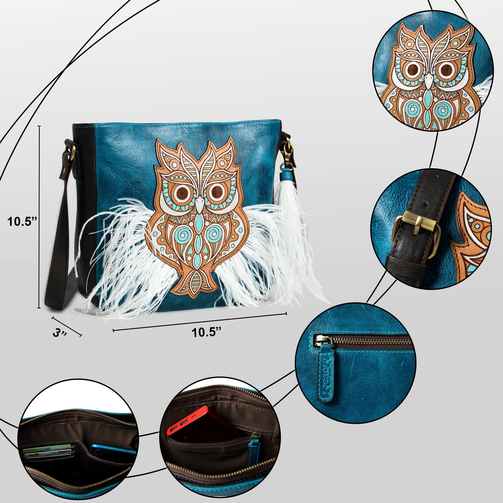 MOUSM Genuine Wax Leather Crossbody Bag – Ladies Bag Decorated with Hand-Painted Light Brown OWL Patch & Ostrich Feather Fringe, High-Quality Zipper Closure with Removable and Adjustable Strap - Boho Western Style Purse for Women
