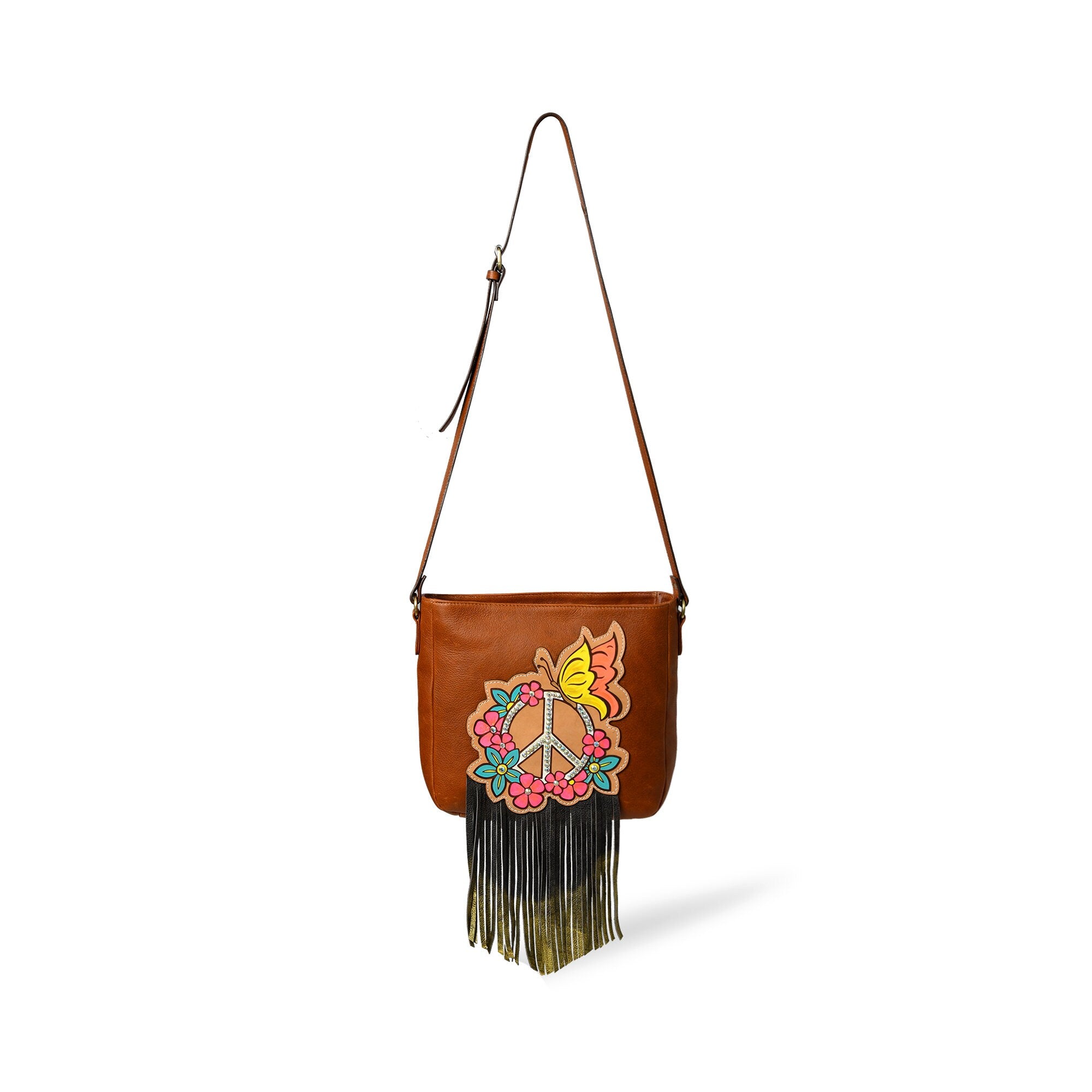 MOUSM Genuine Cow Hide Leather Shoulder Bag for Women - Ladies Bag with Hand-Painted Peace-Off Sign, Beautiful Flower Carving Patch Decorated with AB Rhinestones & Metallic Fringe, High-Quality Zipper Closure and Adjustable Strap