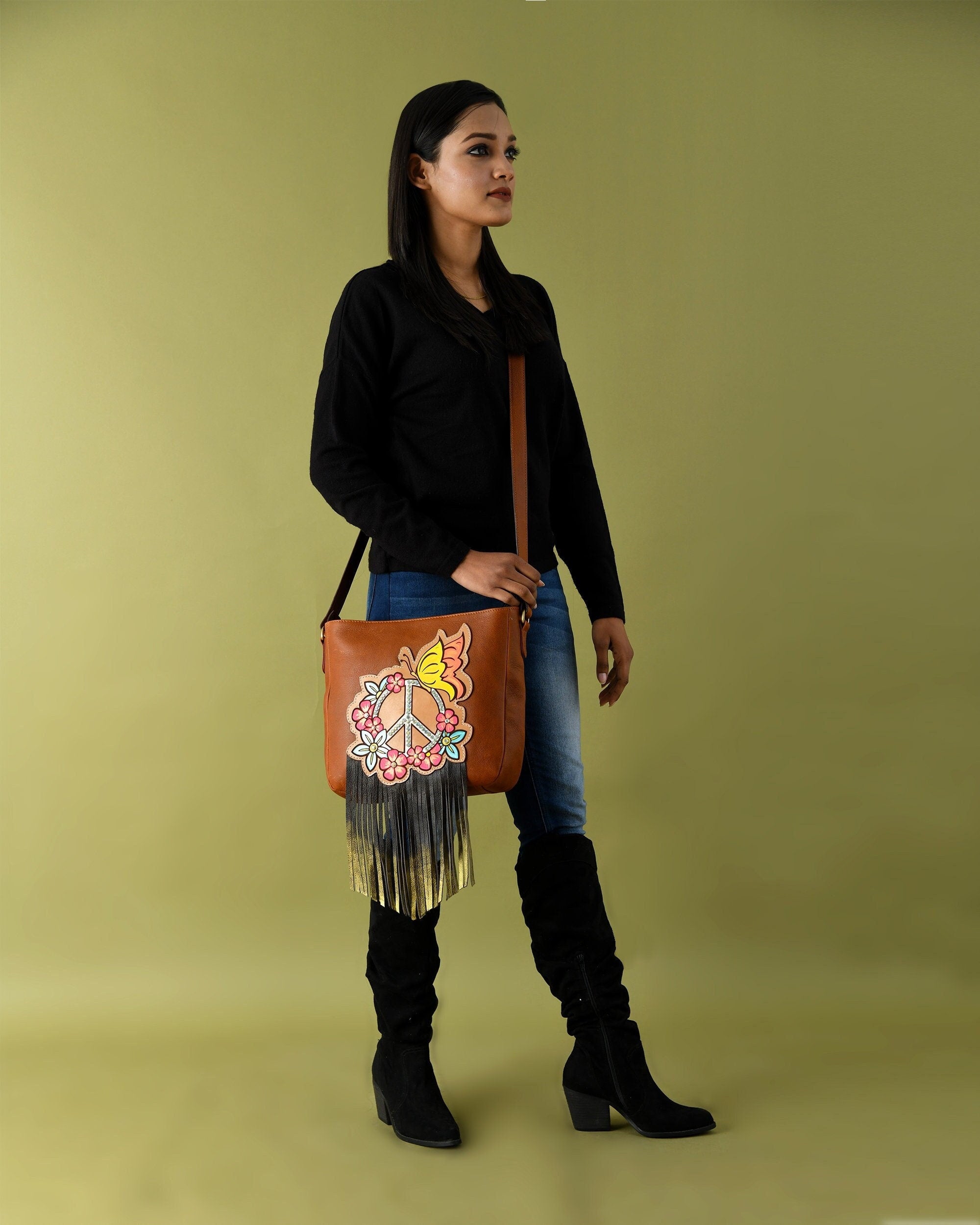 MOUSM Genuine Cow Hide Leather Shoulder Bag for Women - Ladies Bag with Hand-Painted Peace-Off Sign, Beautiful Flower Carving Patch Decorated with AB Rhinestones & Metallic Fringe, High-Quality Zipper Closure and Adjustable Strap