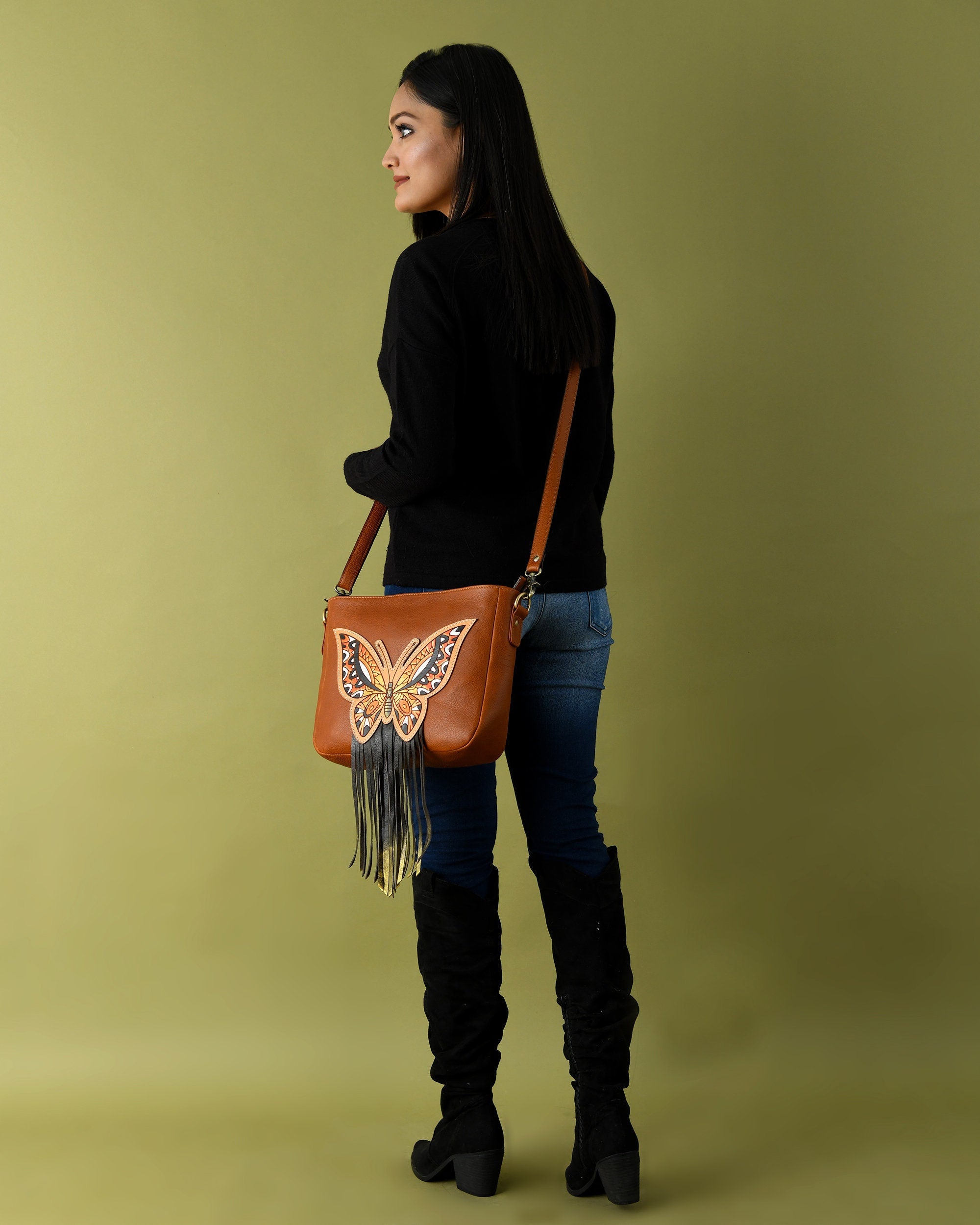 MOUSM Top Grain Genuine Leather Shoulder Bag - Ladies Purse Decorated with Hand-painted Butterfly Patch Carving & Fringe, High-Quality Zipper Closure with Removable and Adjustable Strap