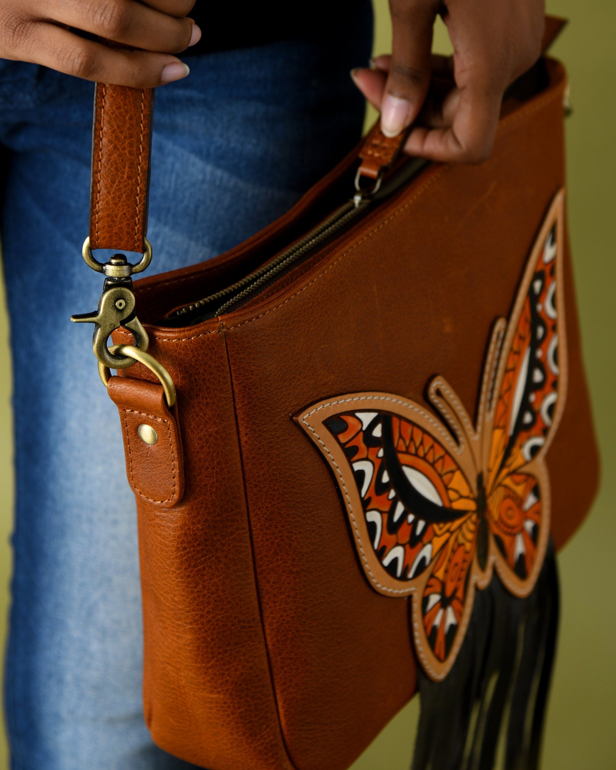 MOUSM Top Grain Genuine Leather Shoulder Bag - Ladies Purse Decorated with Hand-painted Butterfly Patch Carving & Fringe, High-Quality Zipper Closure with Removable and Adjustable Strap