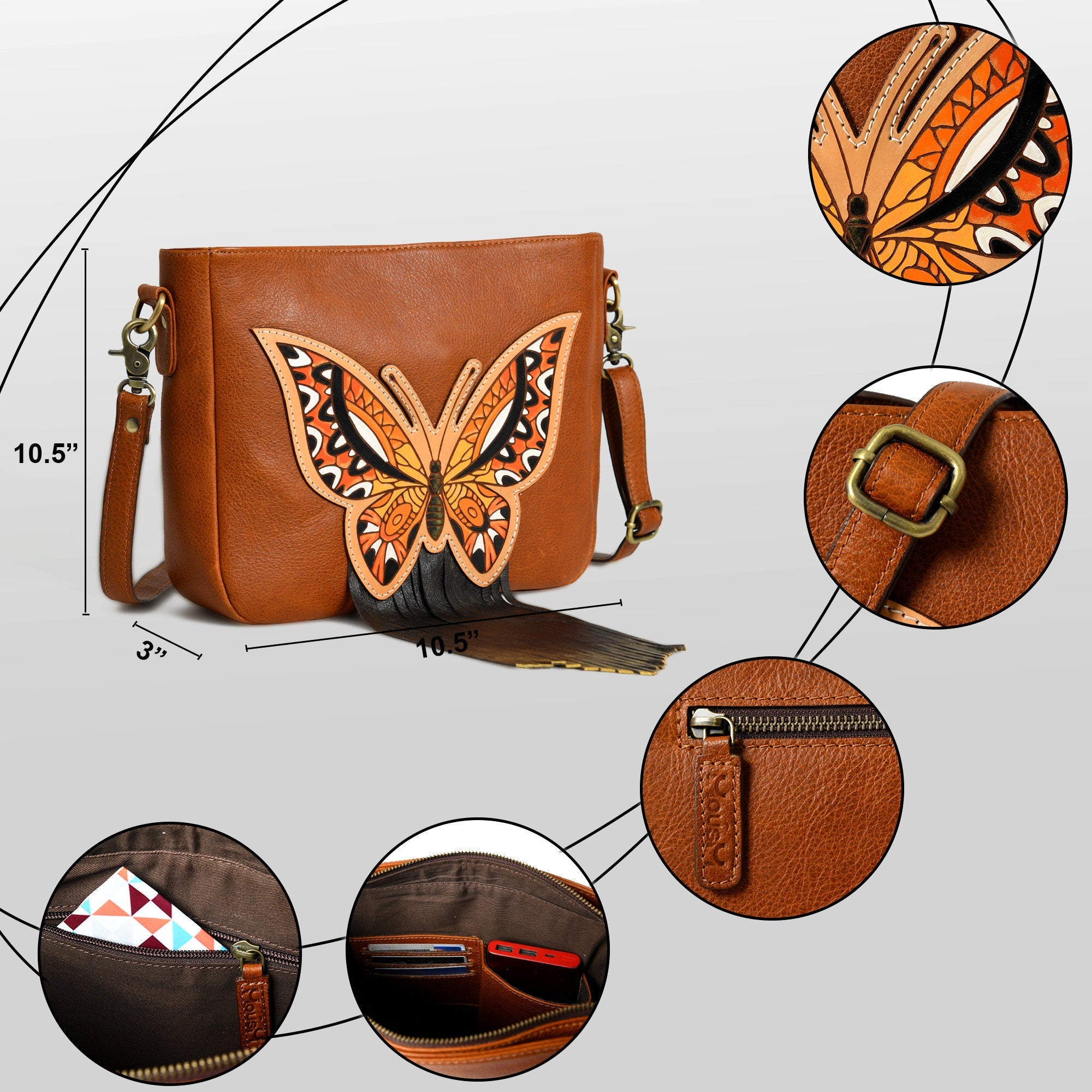 MOUSM Top Grain Genuine Leather Shoulder Bag - Ladies Purse Decorated with Hand-painted Butterfly Patch Carving & Fringe, High-Quality Zipper Closure with Removable and Adjustable Strap
