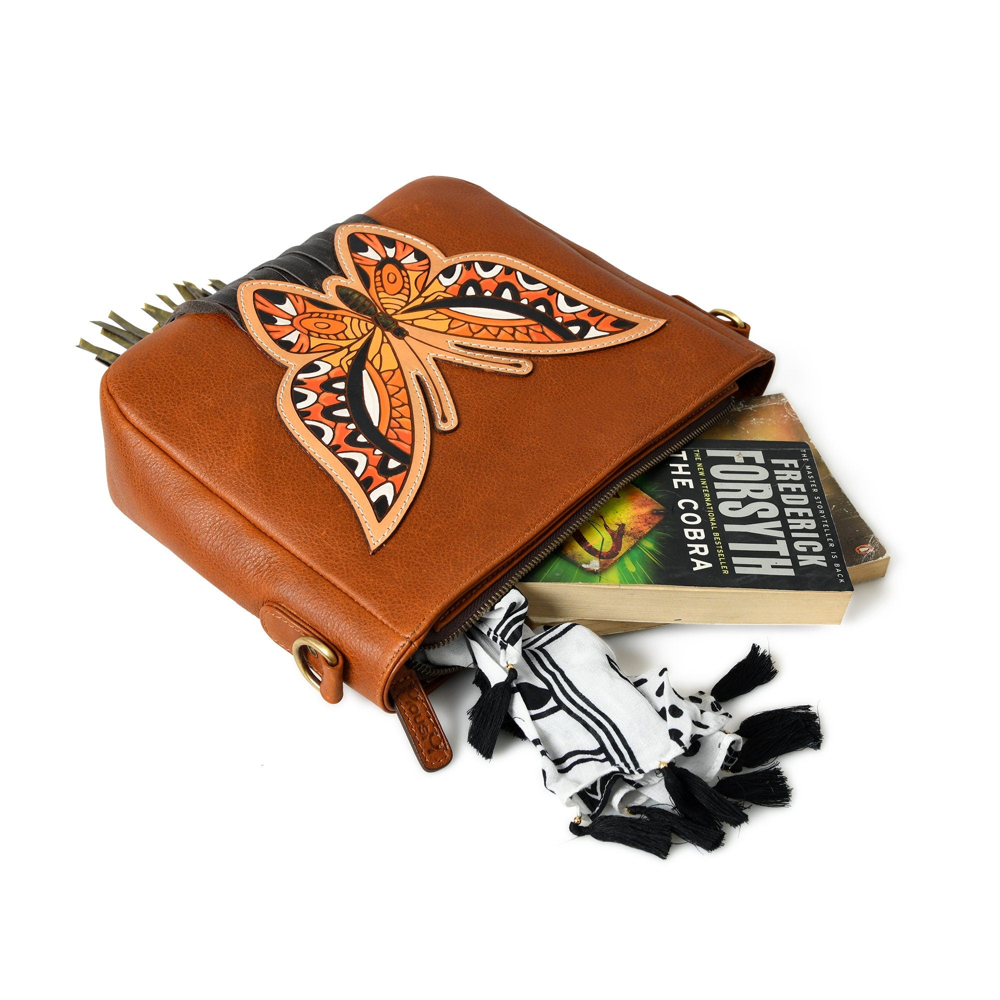 MOUSM Top Grain Genuine Leather Shoulder Bag - Ladies Purse Decorated with Hand-painted Butterfly Patch Carving & Fringe, High-Quality Zipper Closure with Removable and Adjustable Strap