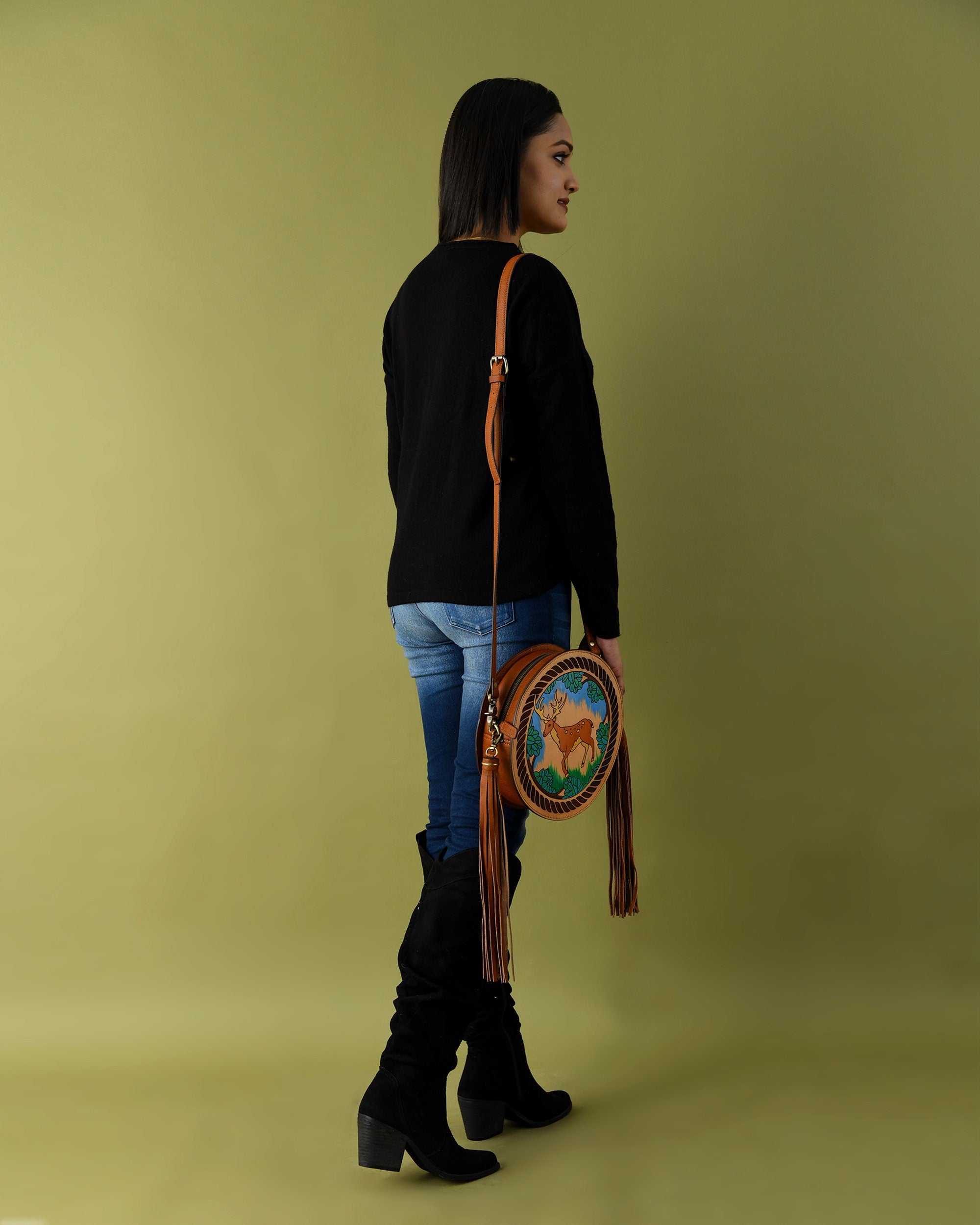 MOUSM Full Grain Cow Hide Leather Crossbody Bag - Small Round Ladies Bag Decorated with Hand-Painted Deer in Forest Carving with Rope Border & Leather Tassel Fringe, High-Quality Zipper Closure with Removable and Adjustable Strap