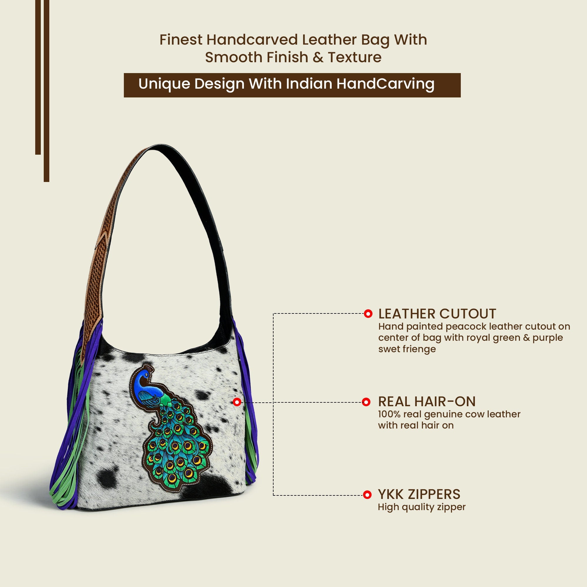 MOUSM Genuine Cowhide Leather Shoulder Bag - Ladies Bag with Beautiful Peacock Patch on Real Hair-On Cow Hide Front & Long Navy Blue and Green Fringe on Both Sides, High-Quality Zipper Closure