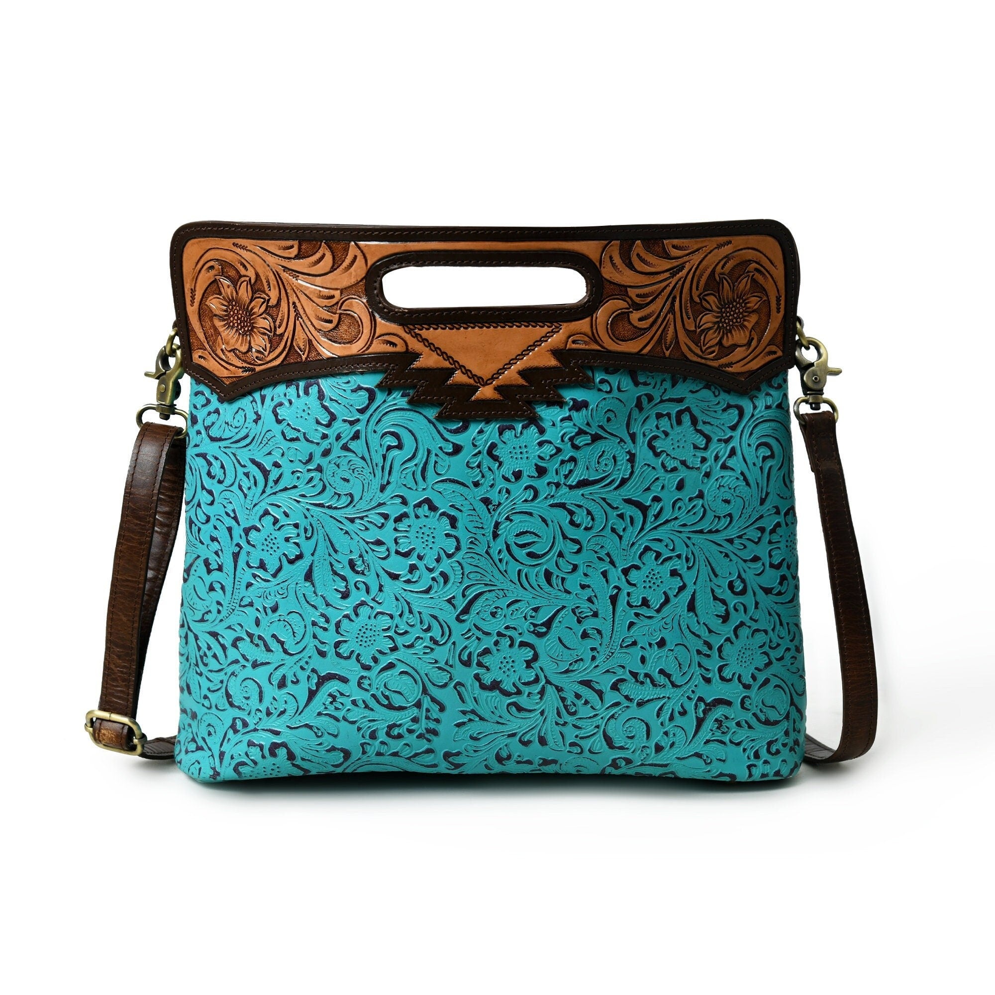 MOUSM Genuine Cow Leather Crossbody Bag - Decorated with Hand-Tooled Floral Carving Leather Handle, Flower Embossed Turquoise Design, High-Quality Zipper Closure with Removable and Adjustable Strap