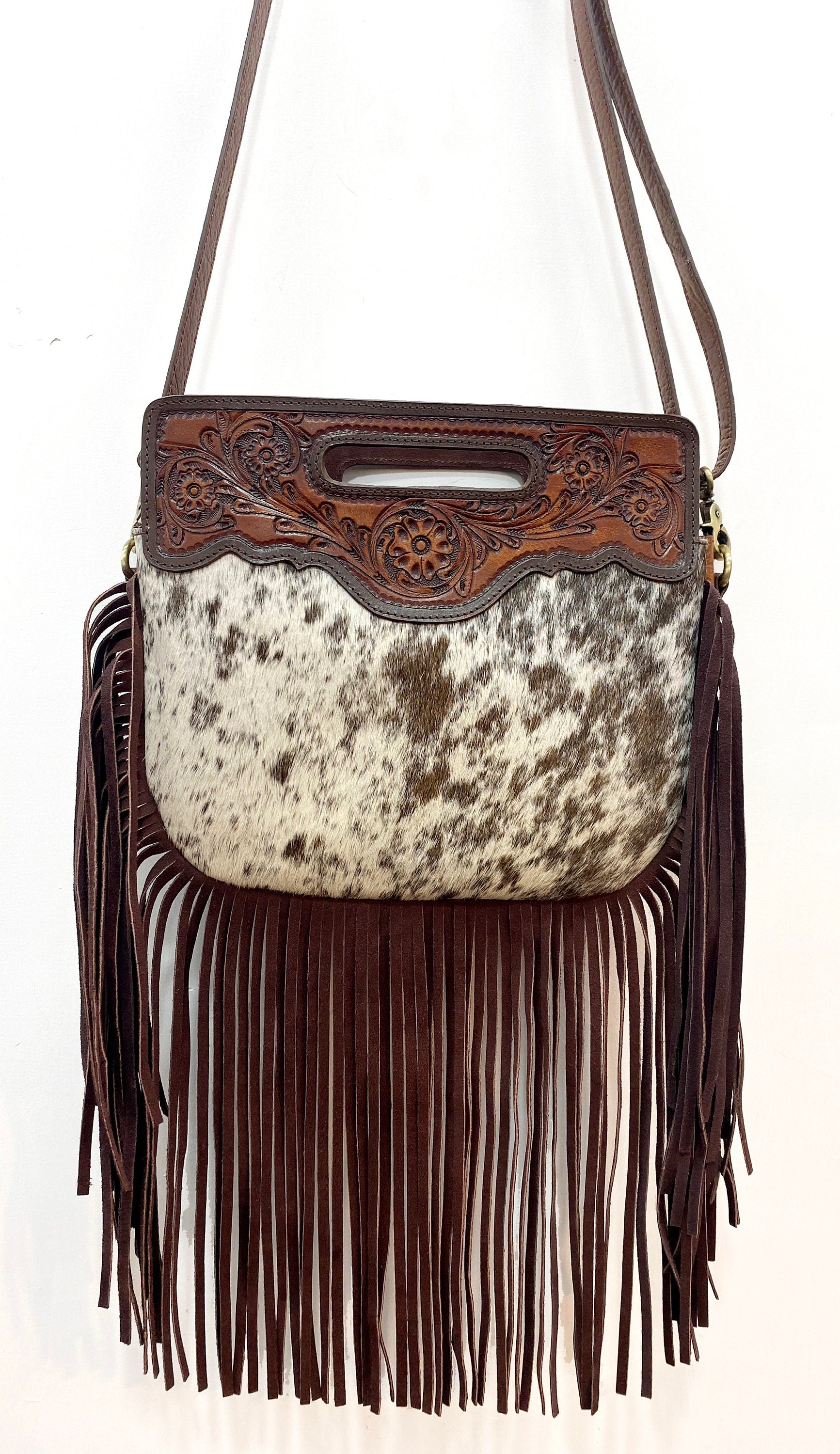 MOUSM Genuine Cowhide Leather Crossbody Bag for Women - Ladies Bag Decorated with Beautiful Floral and Leaf Craving on Hair-On Cowhide with Long Leather Fringe, High-Quality Zipper Closure with Removable and Adjustable Strap