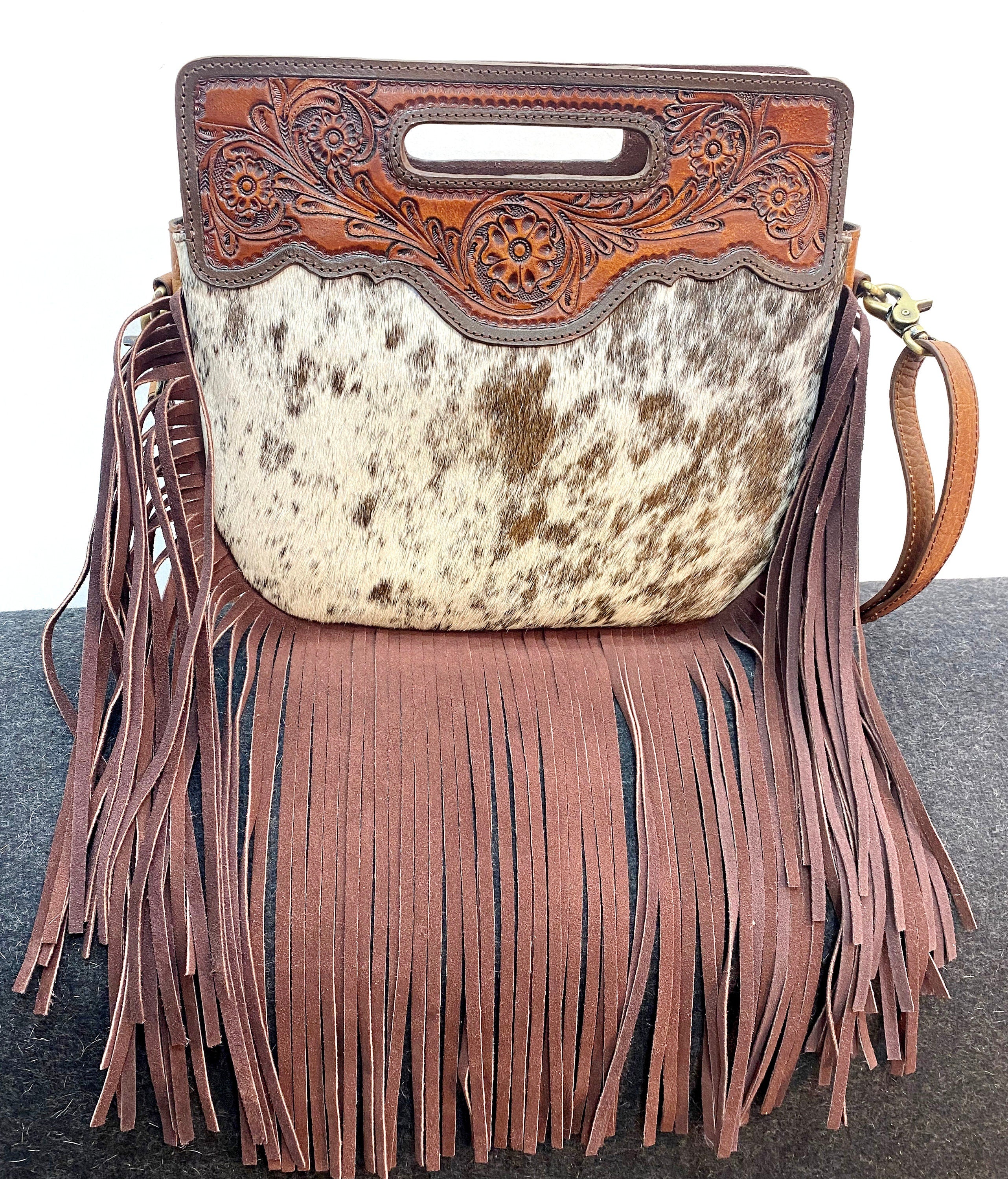 MOUSM Genuine Cowhide Leather Crossbody Bag for Women - Ladies Bag Decorated with Beautiful Floral and Leaf Craving on Hair-On Cowhide with Long Leather Fringe, High-Quality Zipper Closure with Removable and Adjustable Strap
