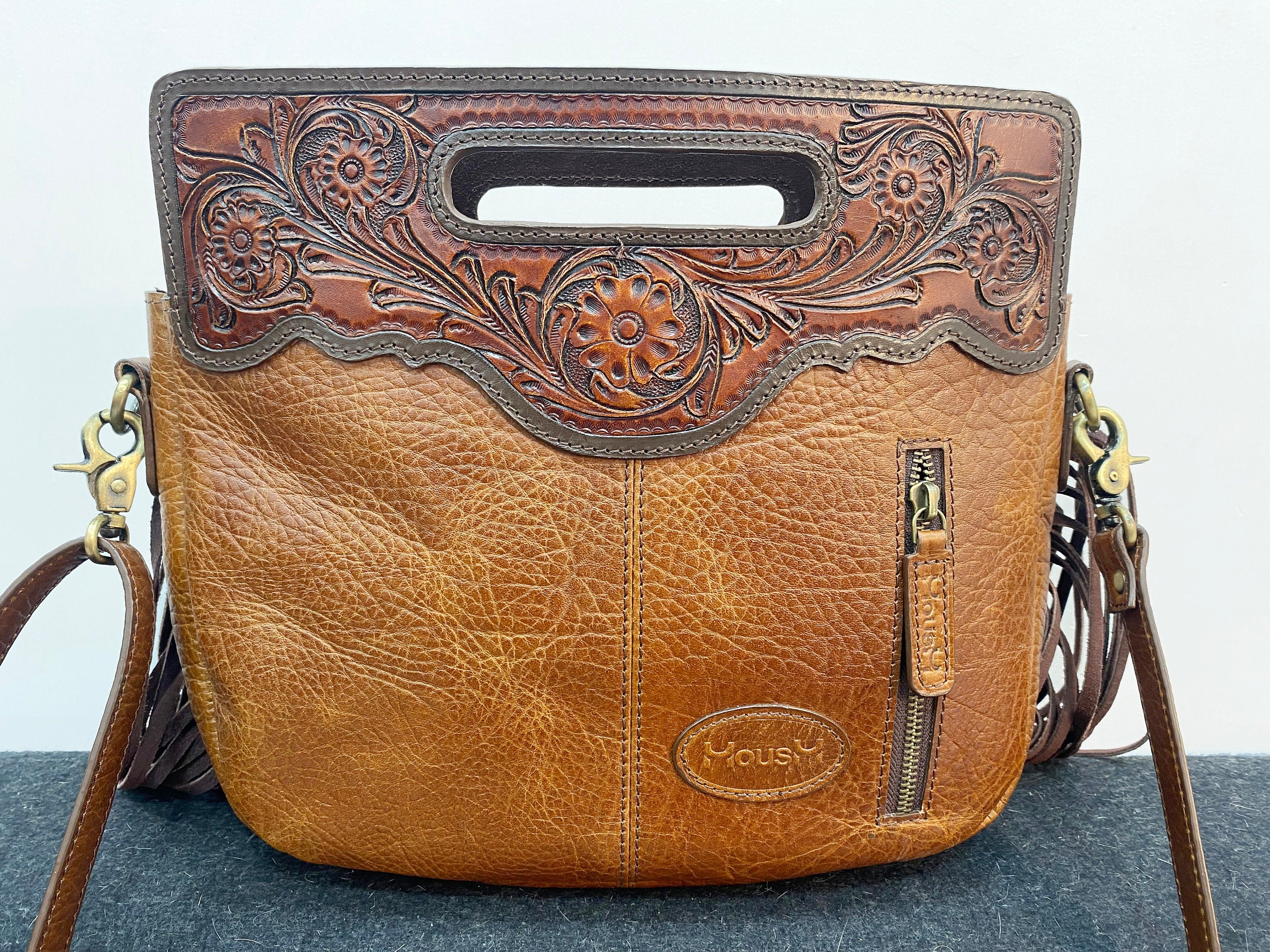 MOUSM Genuine Cowhide Leather Crossbody Bag for Women - Ladies Bag Decorated with Beautiful Floral and Leaf Craving on Hair-On Cowhide with Long Leather Fringe, High-Quality Zipper Closure with Removable and Adjustable Strap