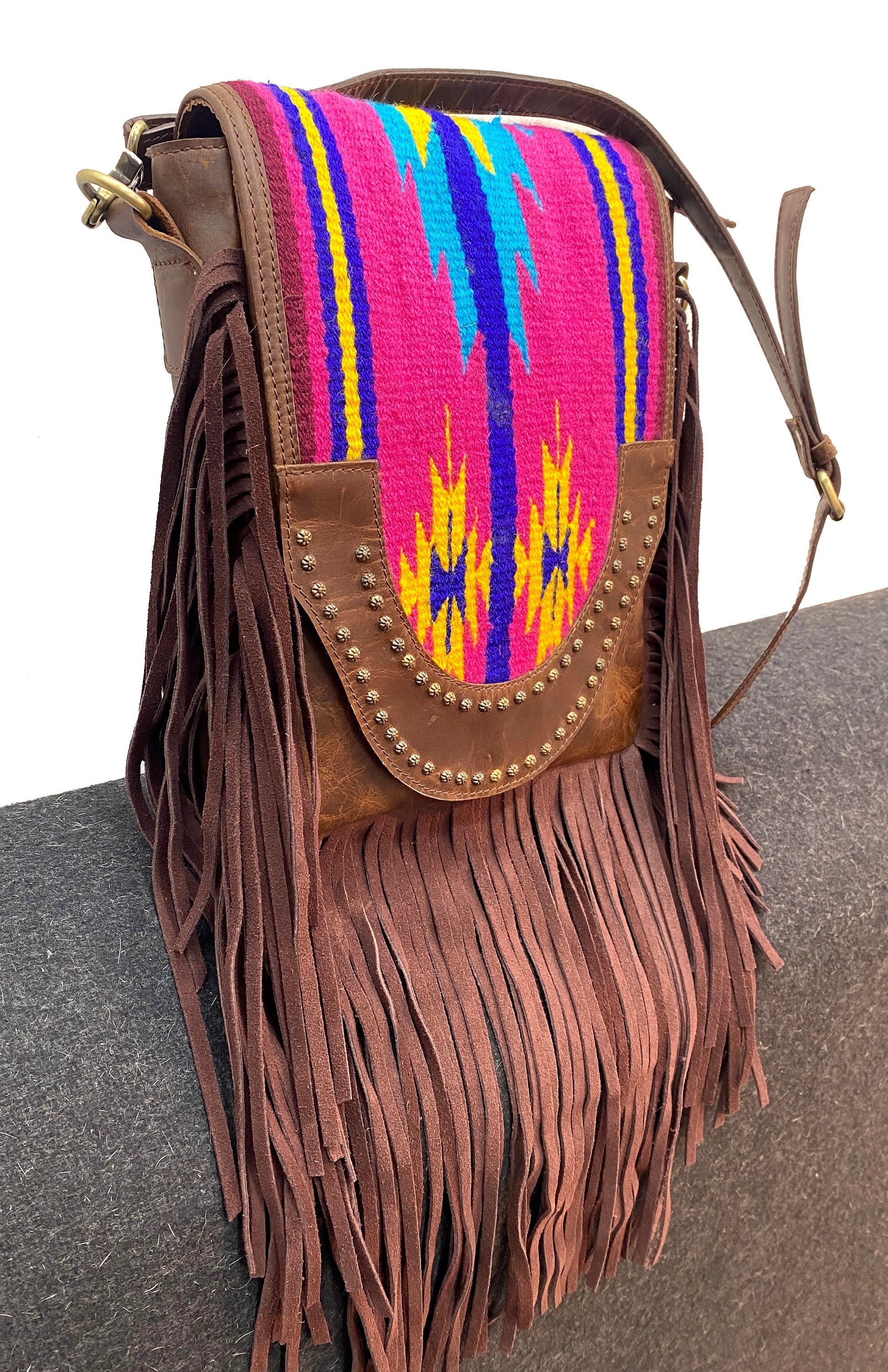 MOUSM Bohemian Leather Crossbody Bag for Women – Southwestern Pattern Mohair Blanket, Leather Fringe, Magnetic Closure, Adjustable Strap – Western Style Shoulder Purse