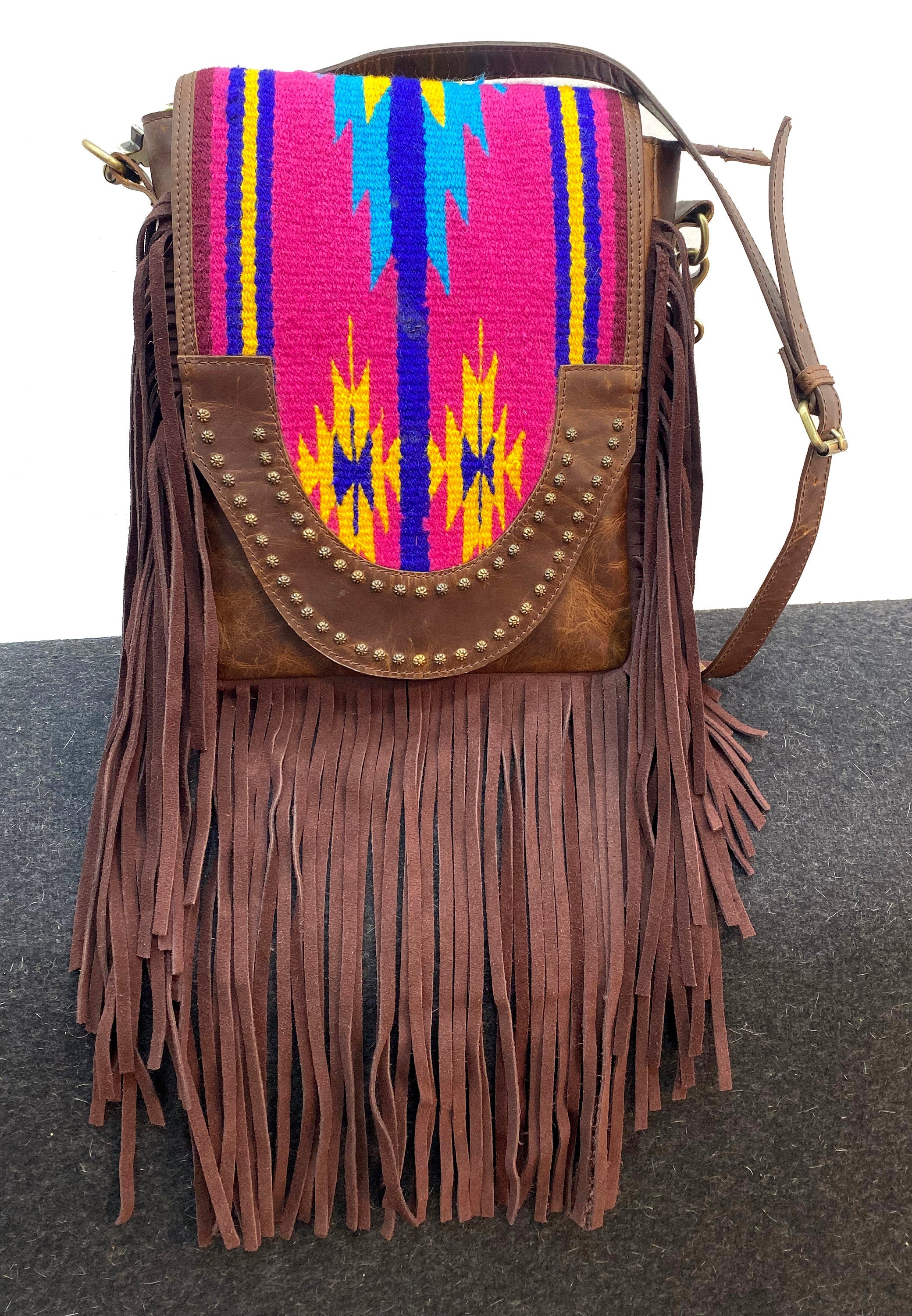MOUSM Bohemian Leather Crossbody Bag for Women – Southwestern Pattern Mohair Blanket, Leather Fringe, Magnetic Closure, Adjustable Strap – Western Style Shoulder Purse