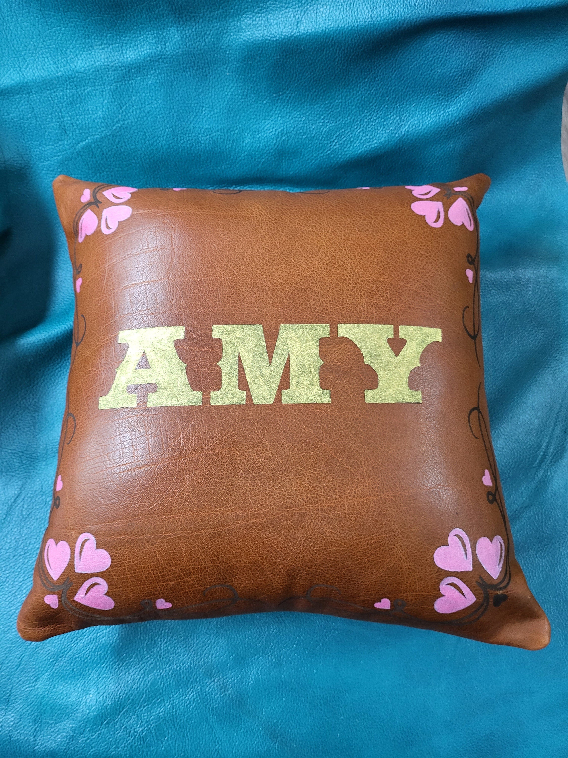 MOUSM Personalized Name Leather Pillow Cover with handprinted Love heart, Solid Brown Cushion Cover, Square Pillow Throw, Valentine&