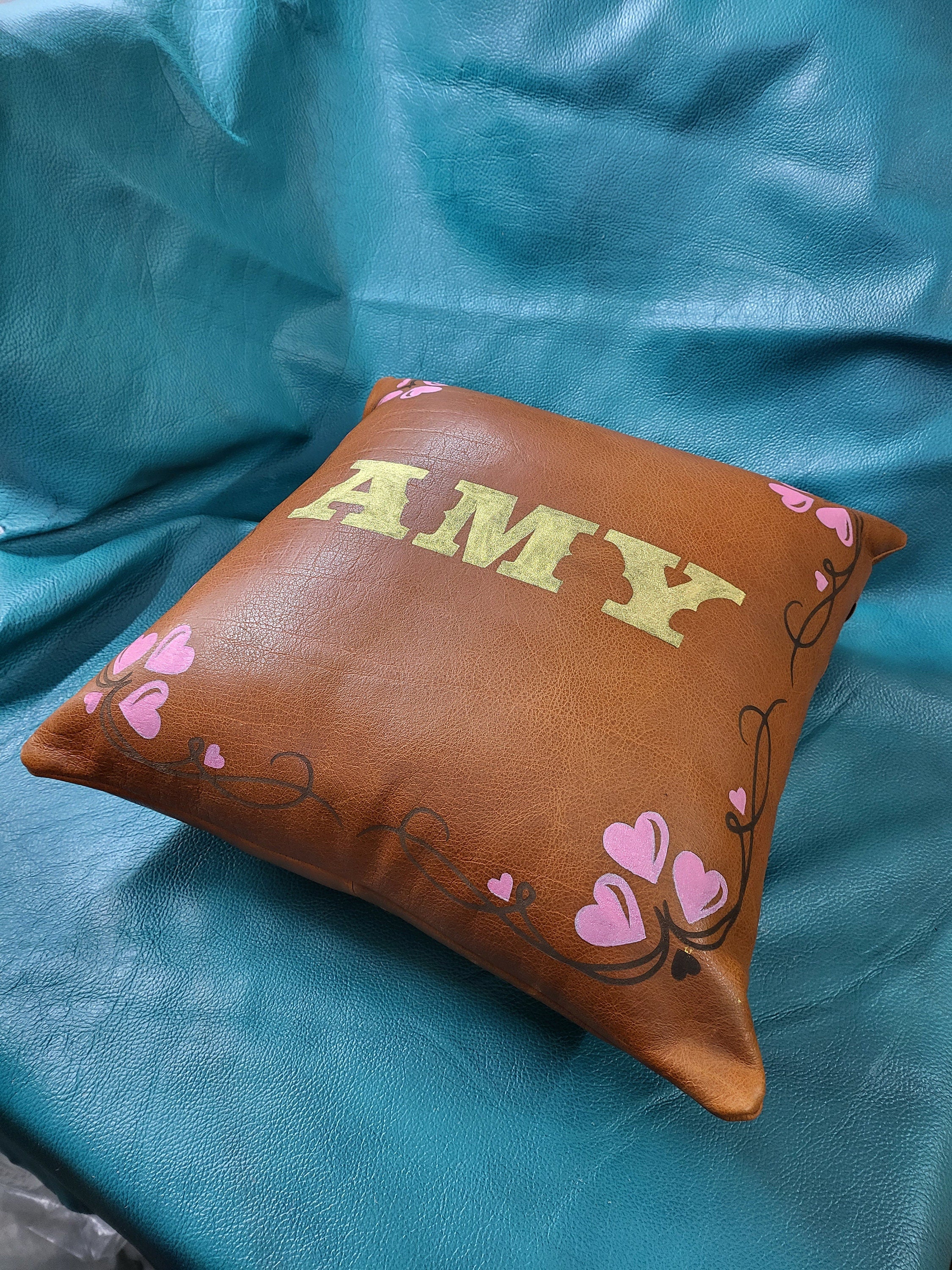 MOUSM Personalized Name Leather Pillow Cover with handprinted Love heart, Solid Brown Cushion Cover, Square Pillow Throw, Valentine&