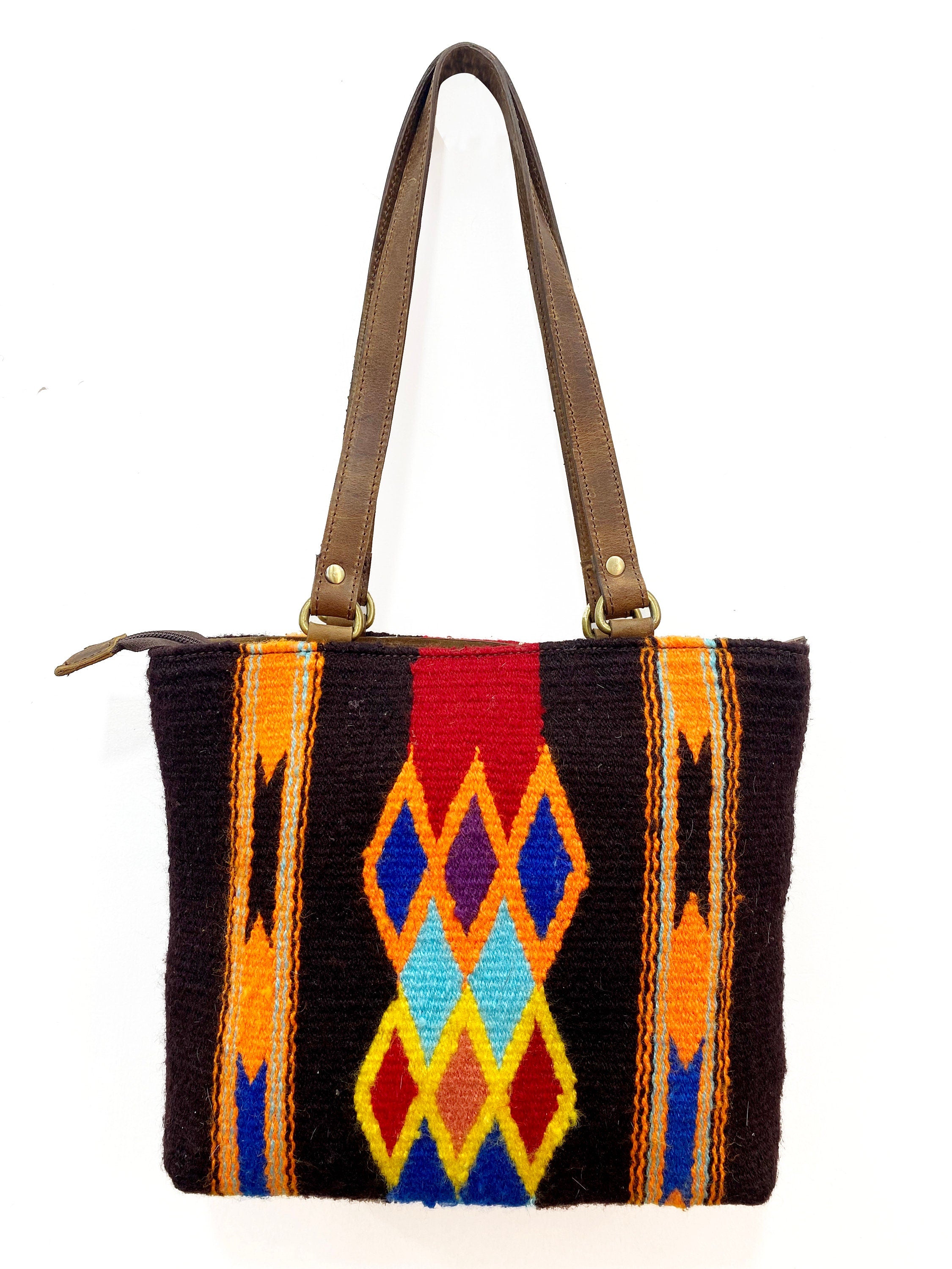 MOUSM Shoulder Bags/Hand Bags with Aztec Mohair Wool Pattern, Leather Straps & Zipper Closure – Handwoven Boho Shoulder Bag Perfect For Western Or Daily Use