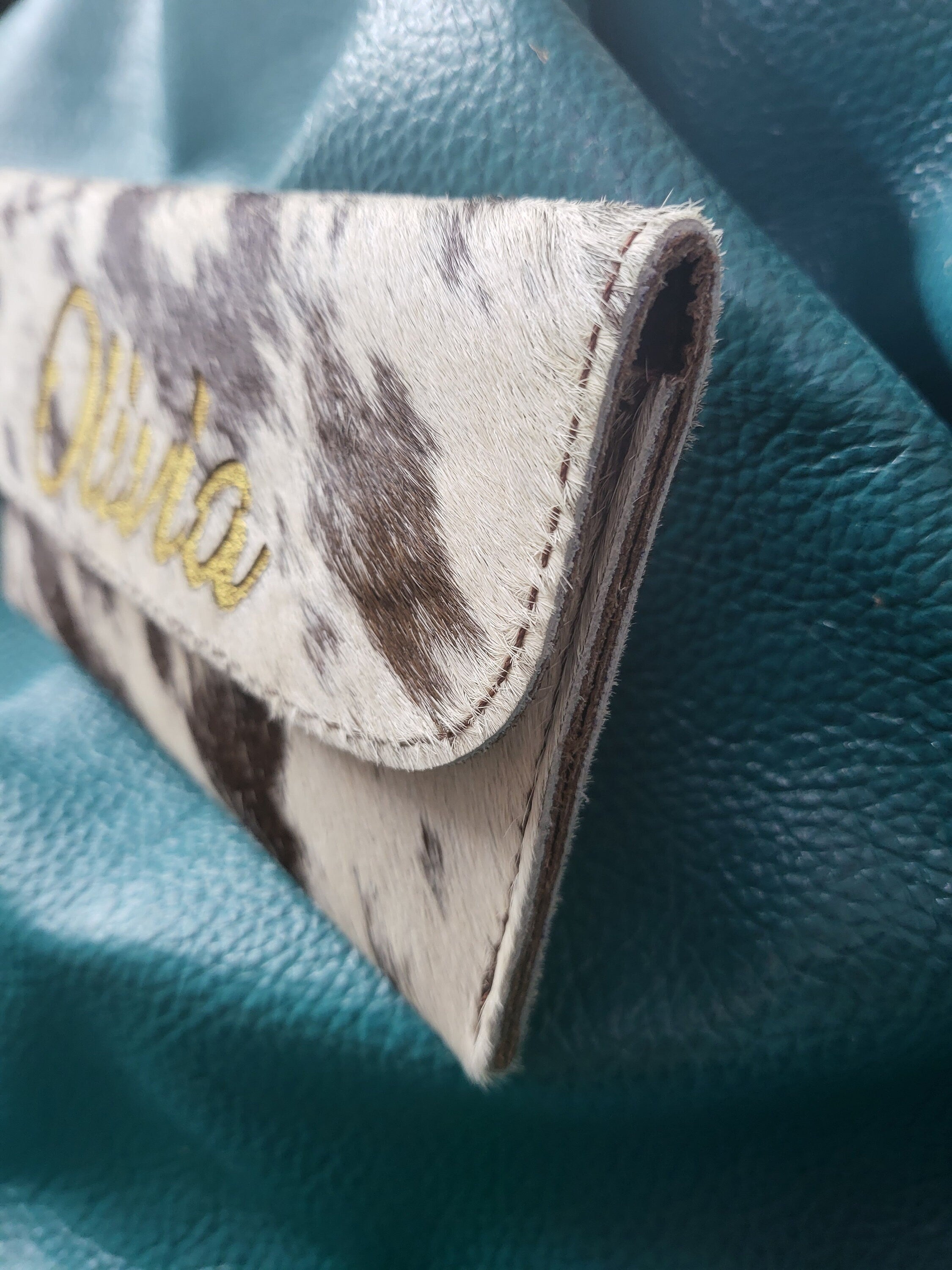 MOUSM Personalized Name Ladies Clutch Bag Made from Natural Hair-On Cowhide Leather, Handmade Leather Wallet for Party & Evening with Two Magnetic Snap Closure Buttons