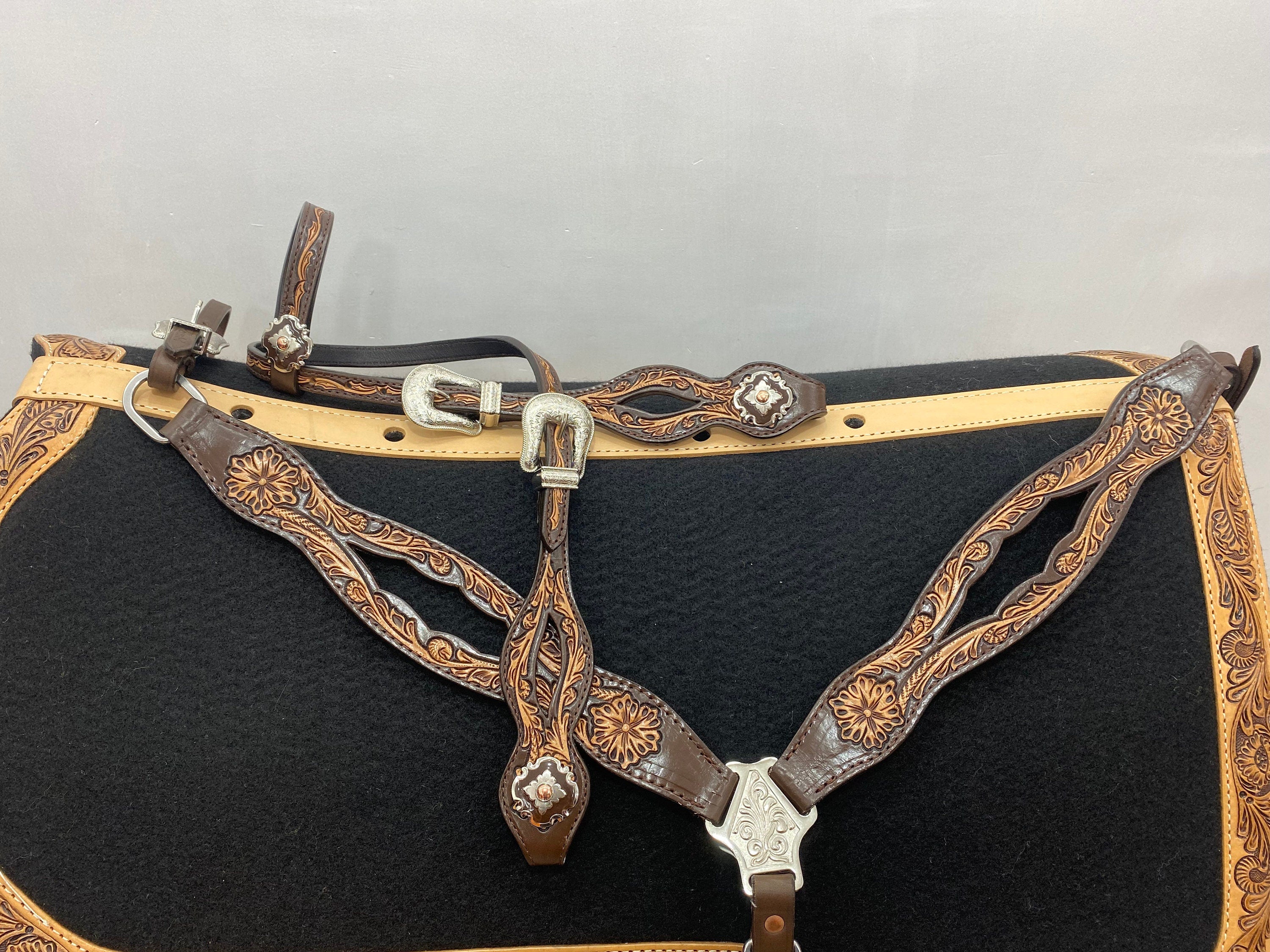 MOUSM Western Headstall & Breast Collar Set – Made from Argentina Cow Leather, Western Horse Tack Set Decorated Hand-Tooled & Painted Floral Design, Flower Conchos