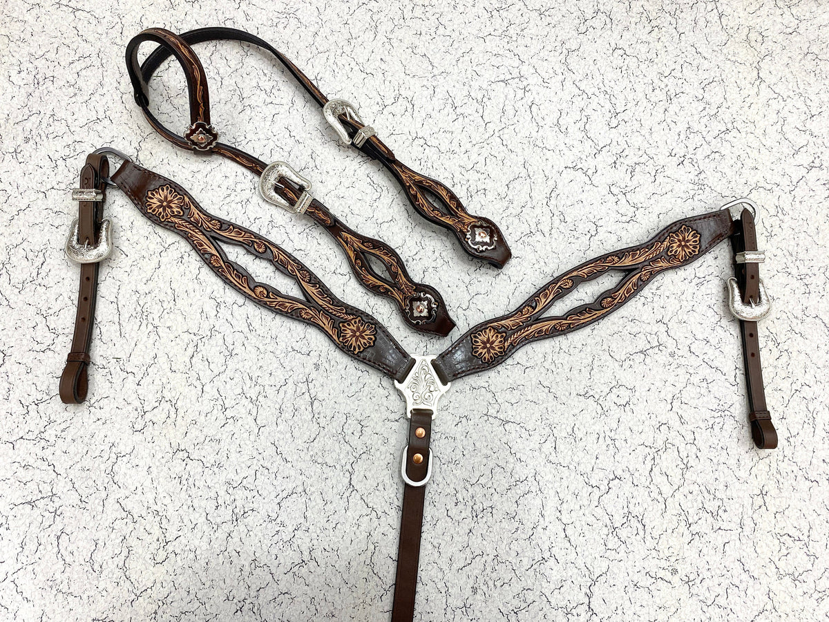 Hand-Tooled & Painted Floral Design Western Horse Tack Set