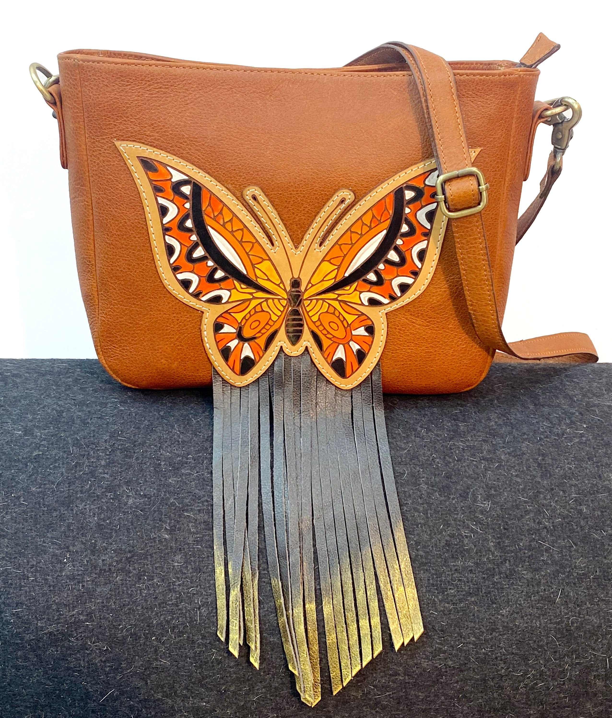 MOUSM Top Grain Genuine Leather Shoulder Bag - Ladies Purse Decorated with Hand-painted Butterfly Patch Carving & Fringe, High-Quality Zipper Closure with Removable and Adjustable Strap