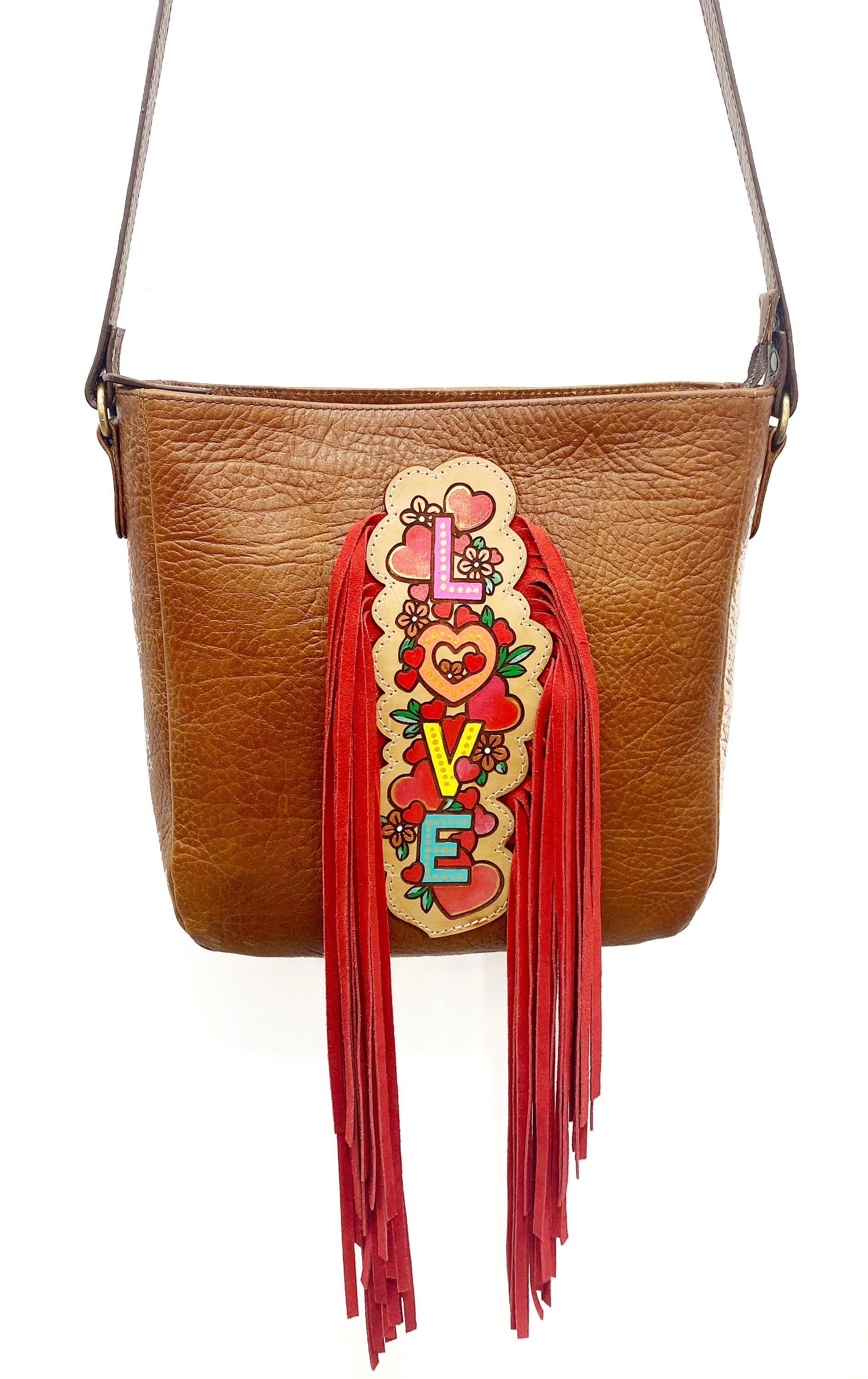 MOUSM Top Grain Cow Hide Leather Shoulder Bag - Leather Bag with Hand-Painted Colorful LOVE Text Patch with Long Red Fringe, High-Quality Zipper Closure and Adjustable Strap
