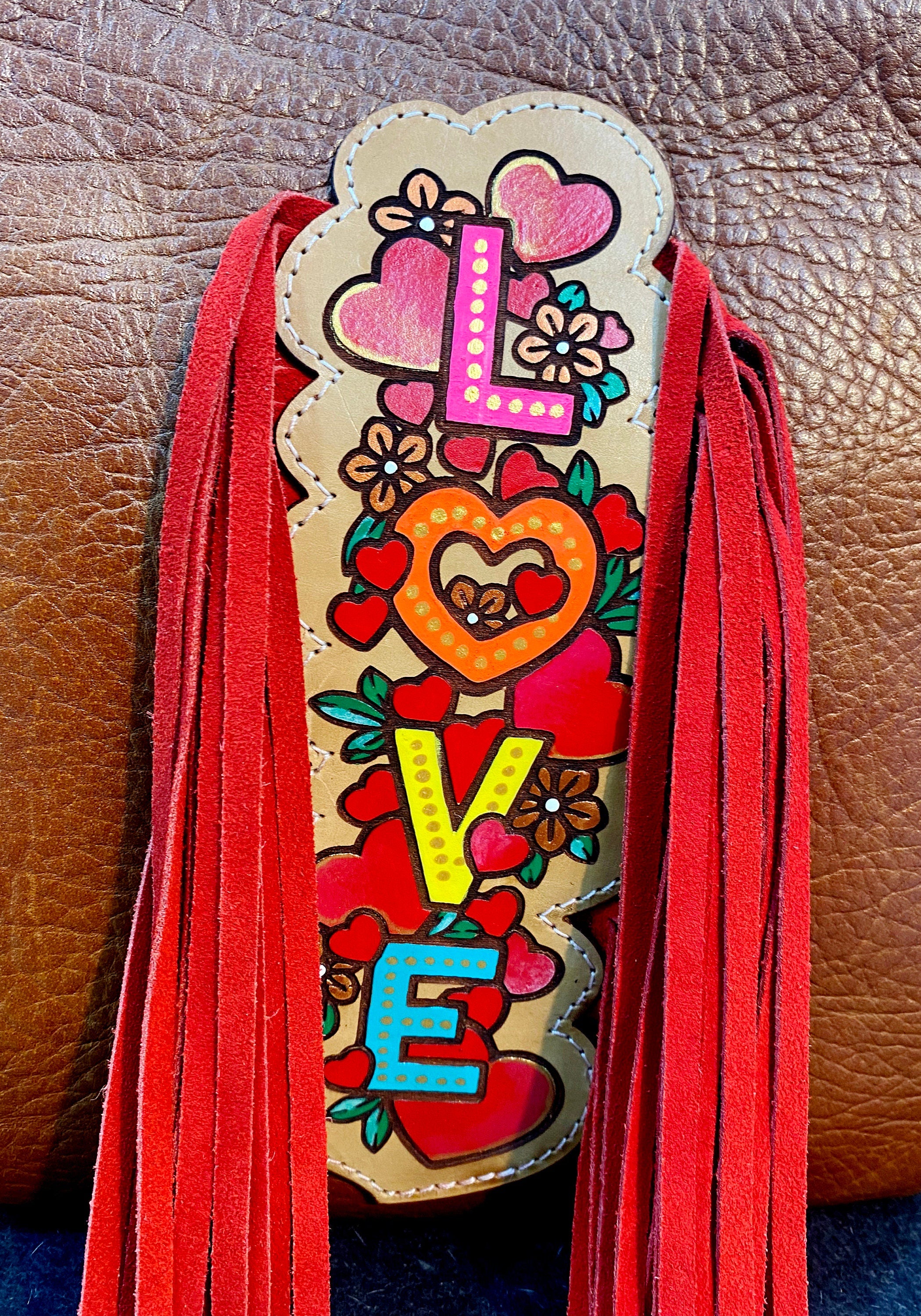 MOUSM Top Grain Cow Hide Leather Shoulder Bag - Leather Bag with Hand-Painted Colorful LOVE Text Patch with Long Red Fringe, High-Quality Zipper Closure and Adjustable Strap
