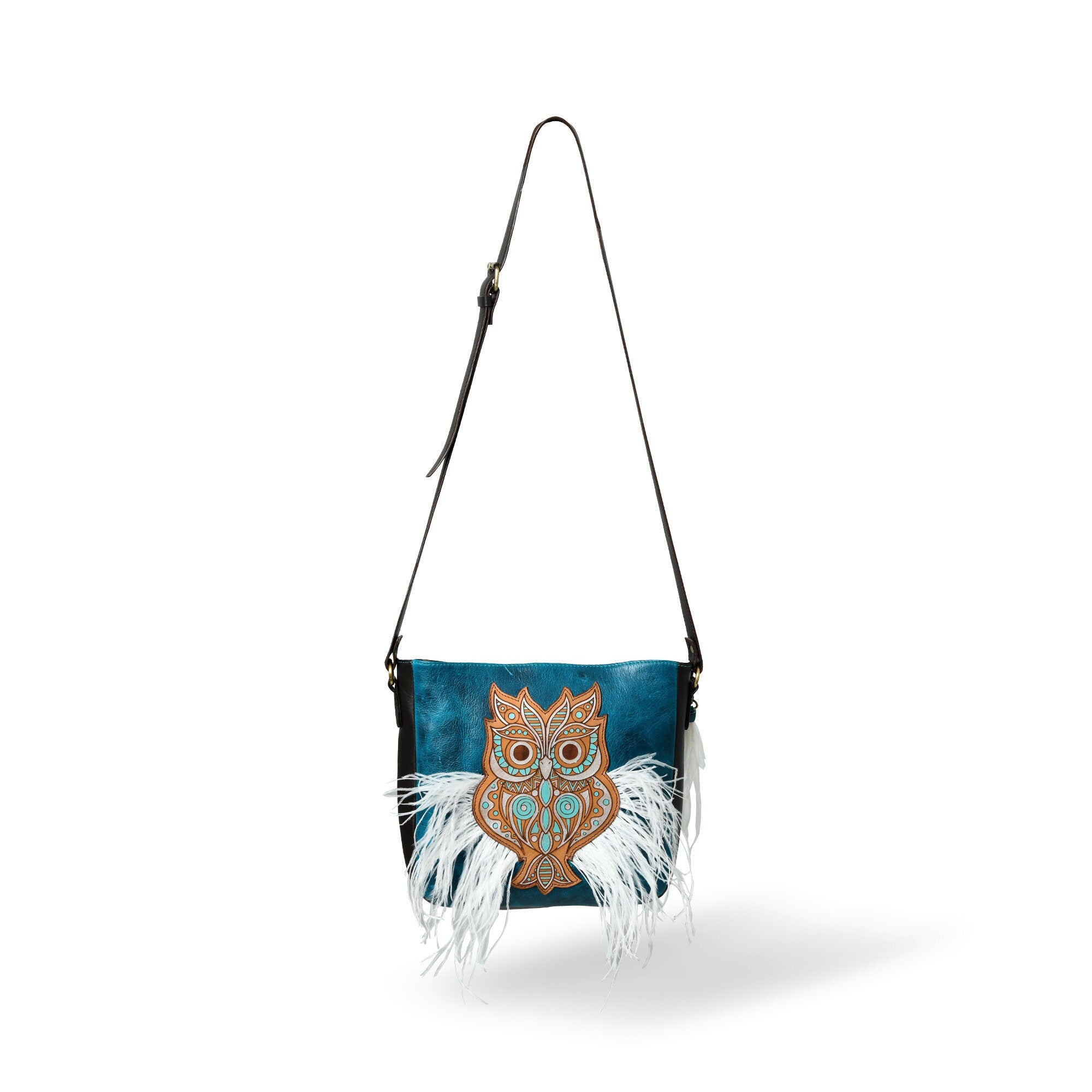 MOUSM Genuine Wax Leather Crossbody Bag – Ladies Bag Decorated with Hand-Painted Light Brown OWL Patch & Ostrich Feather Fringe, High-Quality Zipper Closure with Removable and Adjustable Strap - Boho Western Style Purse for Women