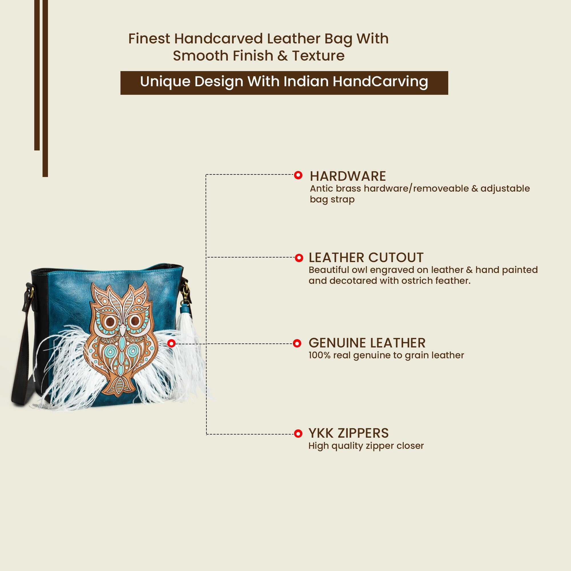 MOUSM Genuine Wax Leather Crossbody Bag – Ladies Bag Decorated with Hand-Painted Light Brown OWL Patch & Ostrich Feather Fringe, High-Quality Zipper Closure with Removable and Adjustable Strap - Boho Western Style Purse for Women