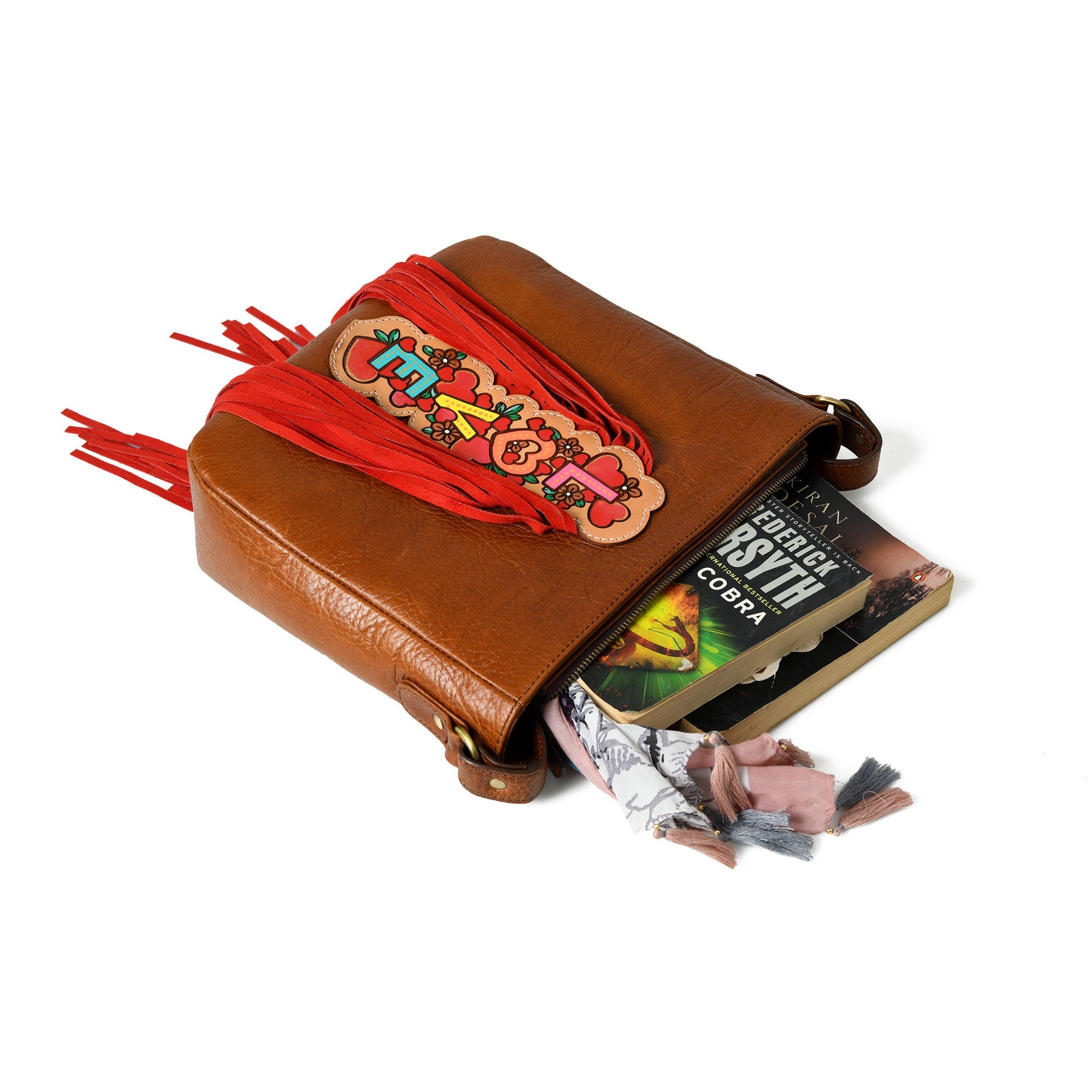 MOUSM Top Grain Cow Hide Leather Shoulder Bag - Leather Bag with Hand-Painted Colorful LOVE Text Patch with Long Red Fringe, High-Quality Zipper Closure and Adjustable Strap