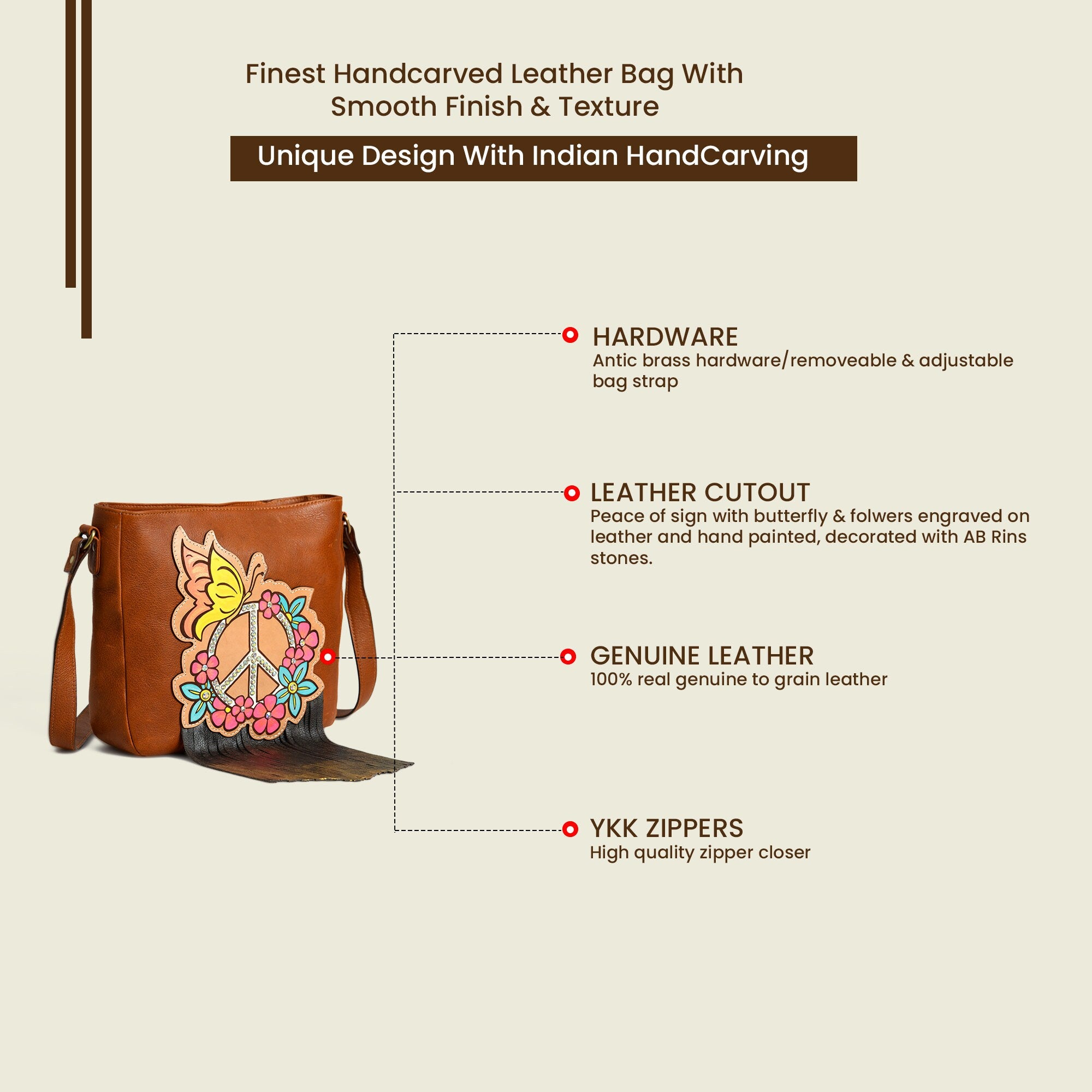 MOUSM Genuine Cow Hide Leather Shoulder Bag for Women - Ladies Bag with Hand-Painted Peace-Off Sign, Beautiful Flower Carving Patch Decorated with AB Rhinestones & Metallic Fringe, High-Quality Zipper Closure and Adjustable Strap