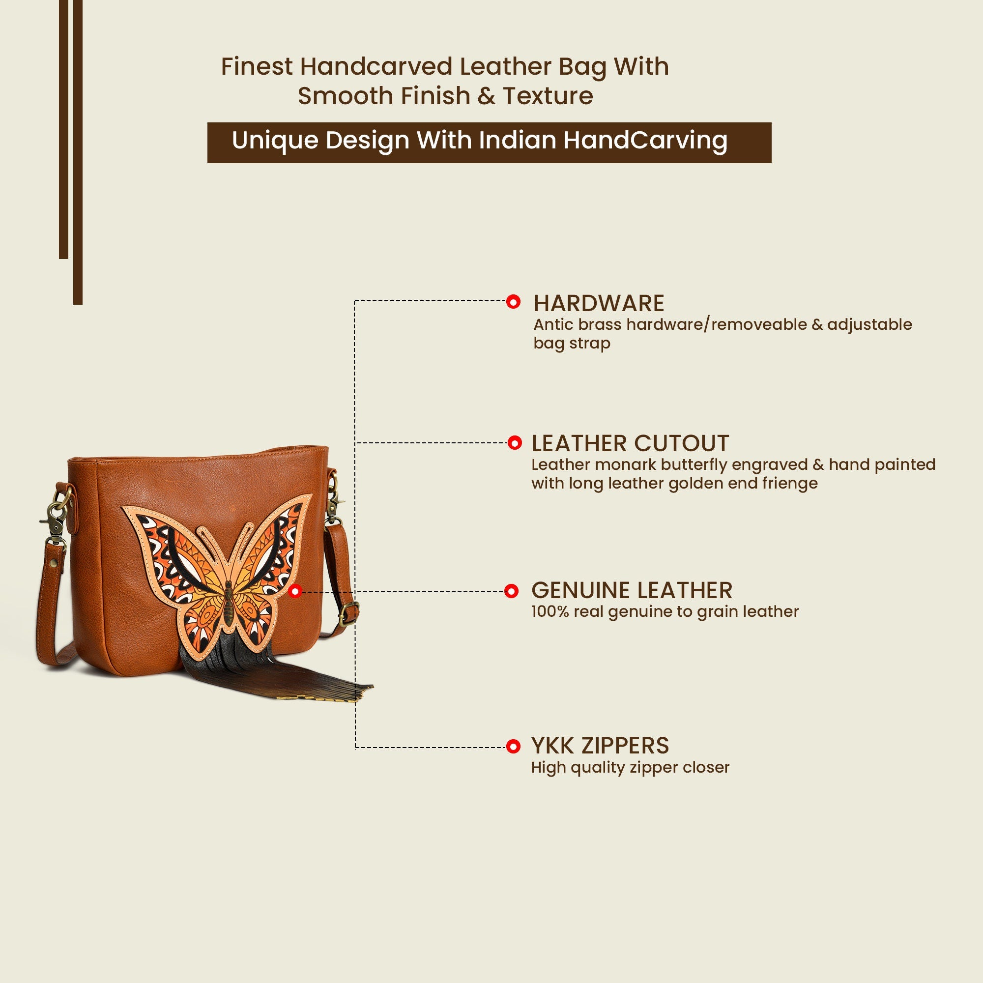 MOUSM Top Grain Genuine Leather Shoulder Bag - Ladies Purse Decorated with Hand-painted Butterfly Patch Carving & Fringe, High-Quality Zipper Closure with Removable and Adjustable Strap