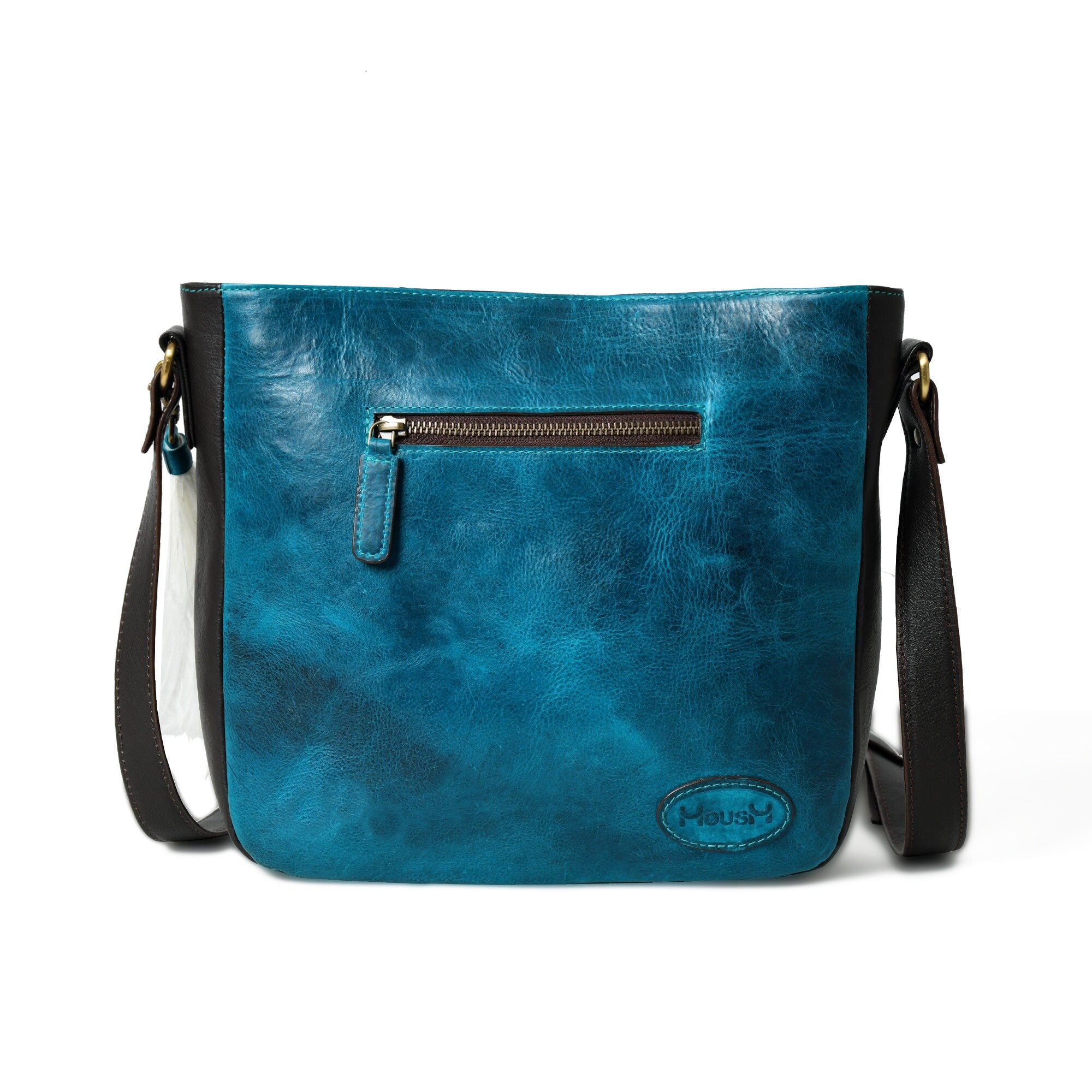 MOUSM Genuine Wax Leather Crossbody Bag – Ladies Bag Decorated with Hand-Painted Light Brown OWL Patch & Ostrich Feather Fringe, High-Quality Zipper Closure with Removable and Adjustable Strap - Boho Western Style Purse for Women