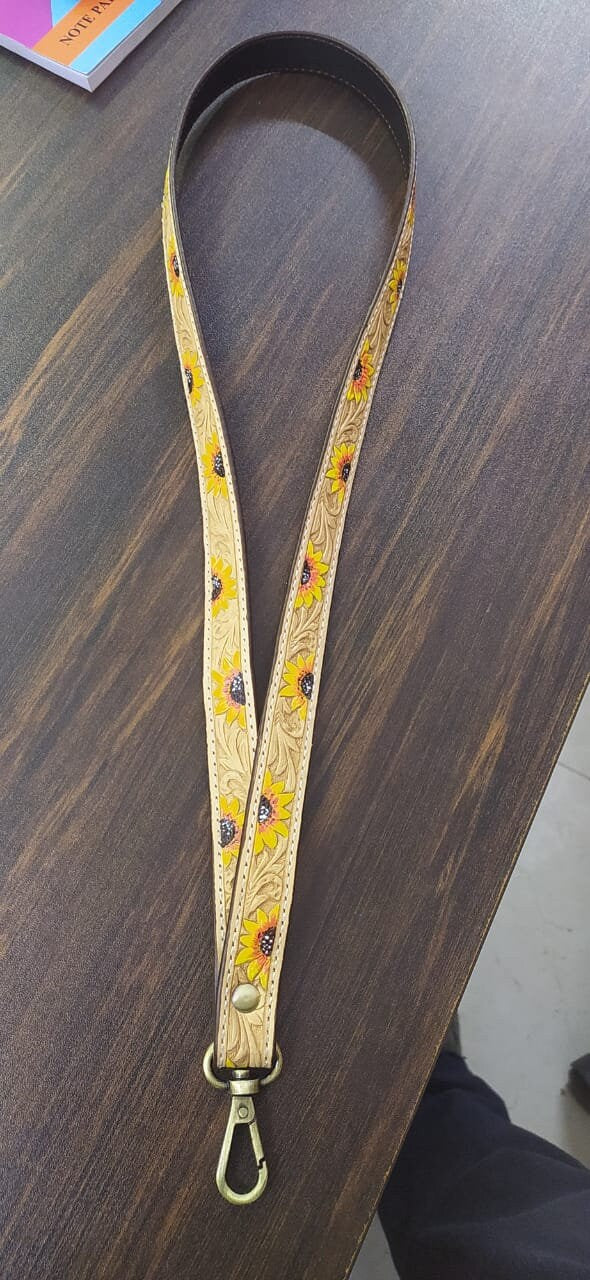 MOUSM Genuine Leather Lanyard, Handmade Neck Lanyards for badge holder, Sunflower Lanyard