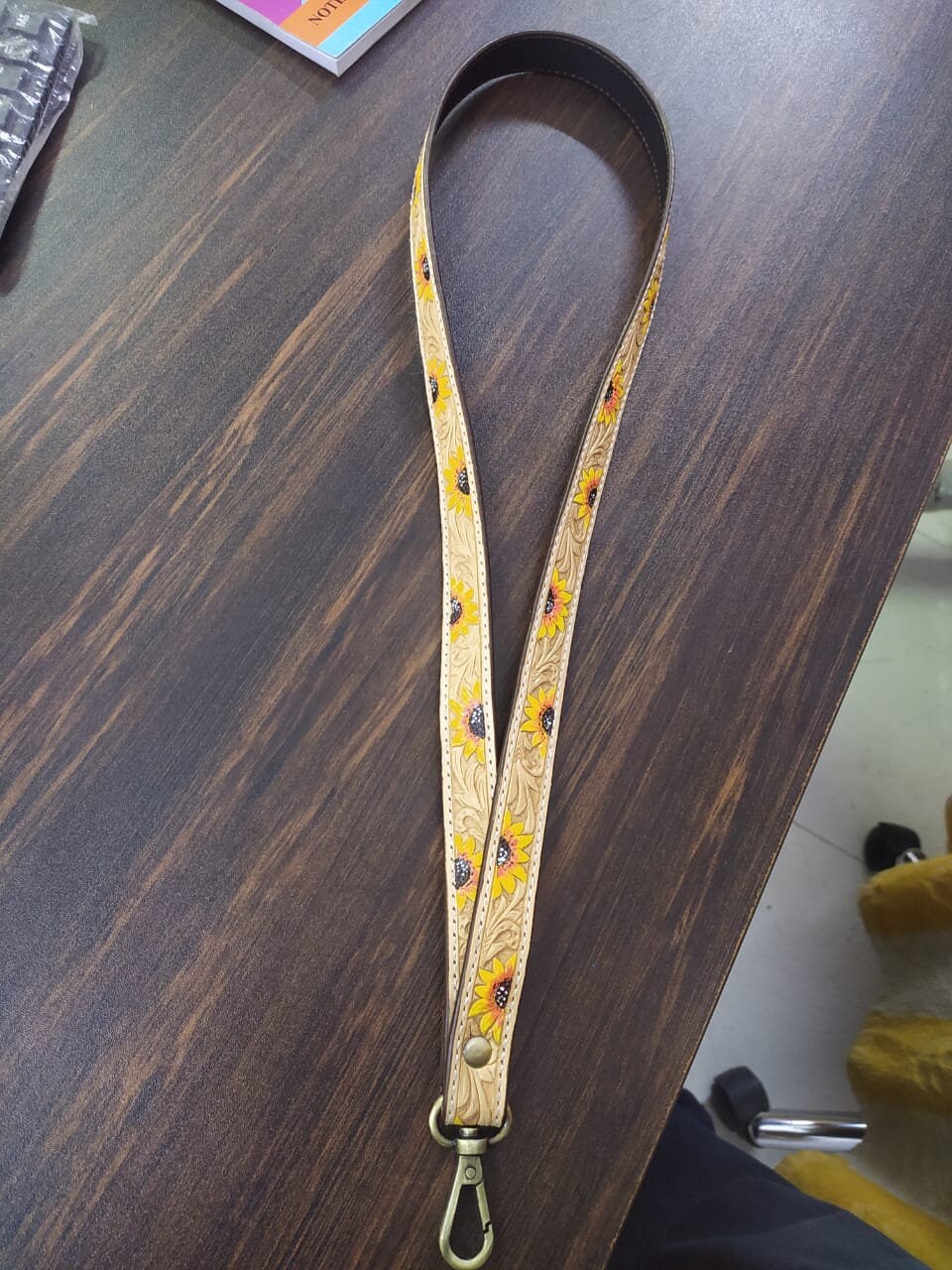 MOUSM Genuine Leather Lanyard, Handmade Neck Lanyards for badge holder, Sunflower Lanyard