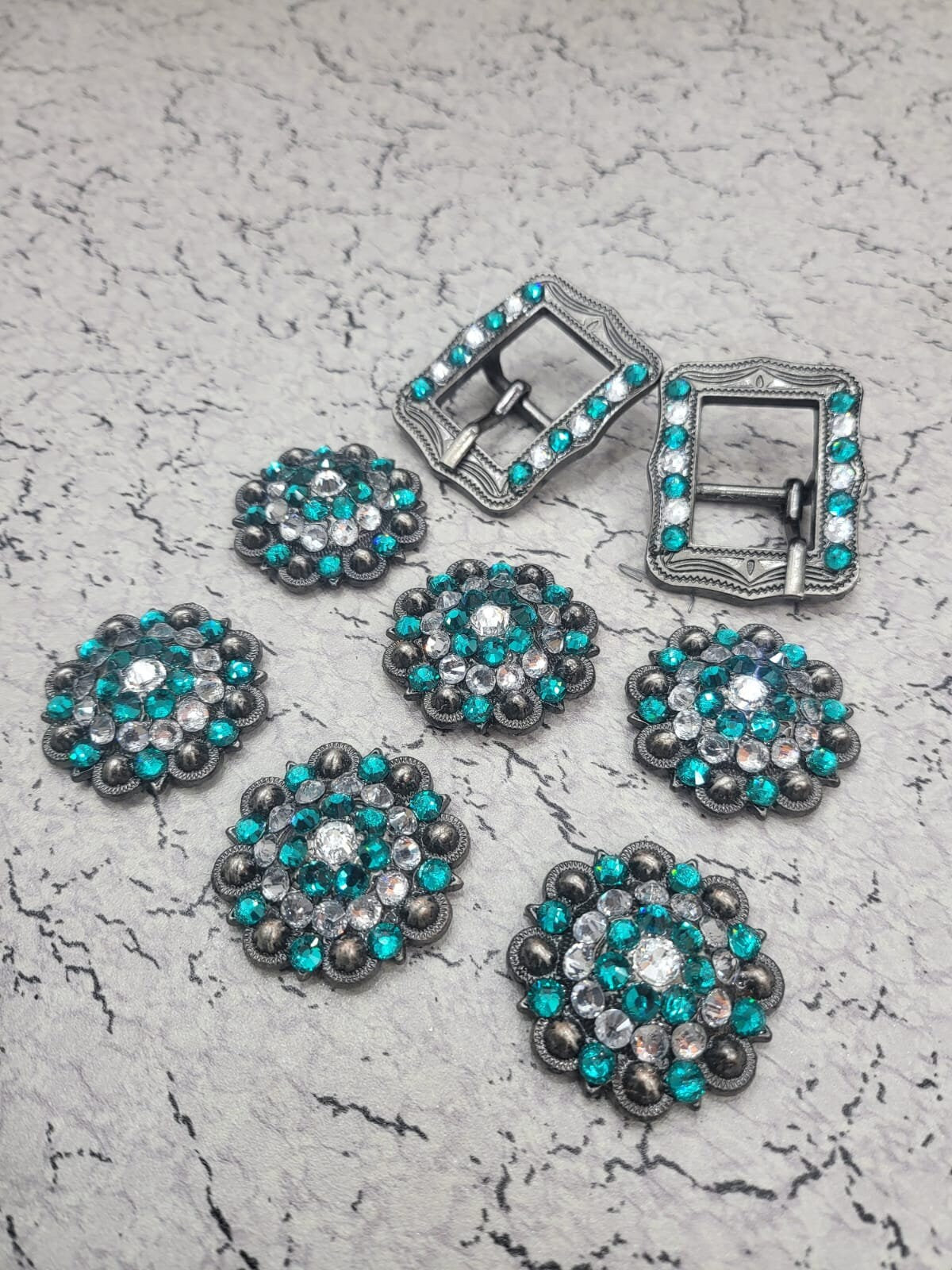 Horse Saddle Conchos with Turquoise green with White Stones, Clear Lime Green Stones, Purple Stones, Zircon Teal Horse Tack, Antique Conchos