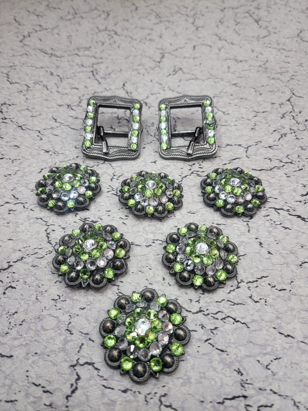 Horse Saddle Conchos with Turquoise green with White Stones, Clear Lime Green Stones, Purple Stones, Zircon Teal Horse Tack, Antique Conchos