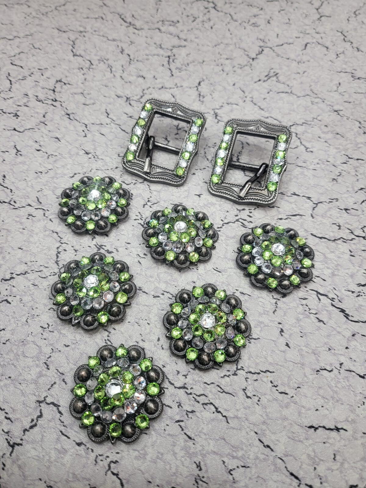 Horse Saddle Conchos with Turquoise green with White Stones, Clear Lime Green Stones, Purple Stones, Zircon Teal Horse Tack, Antique Conchos