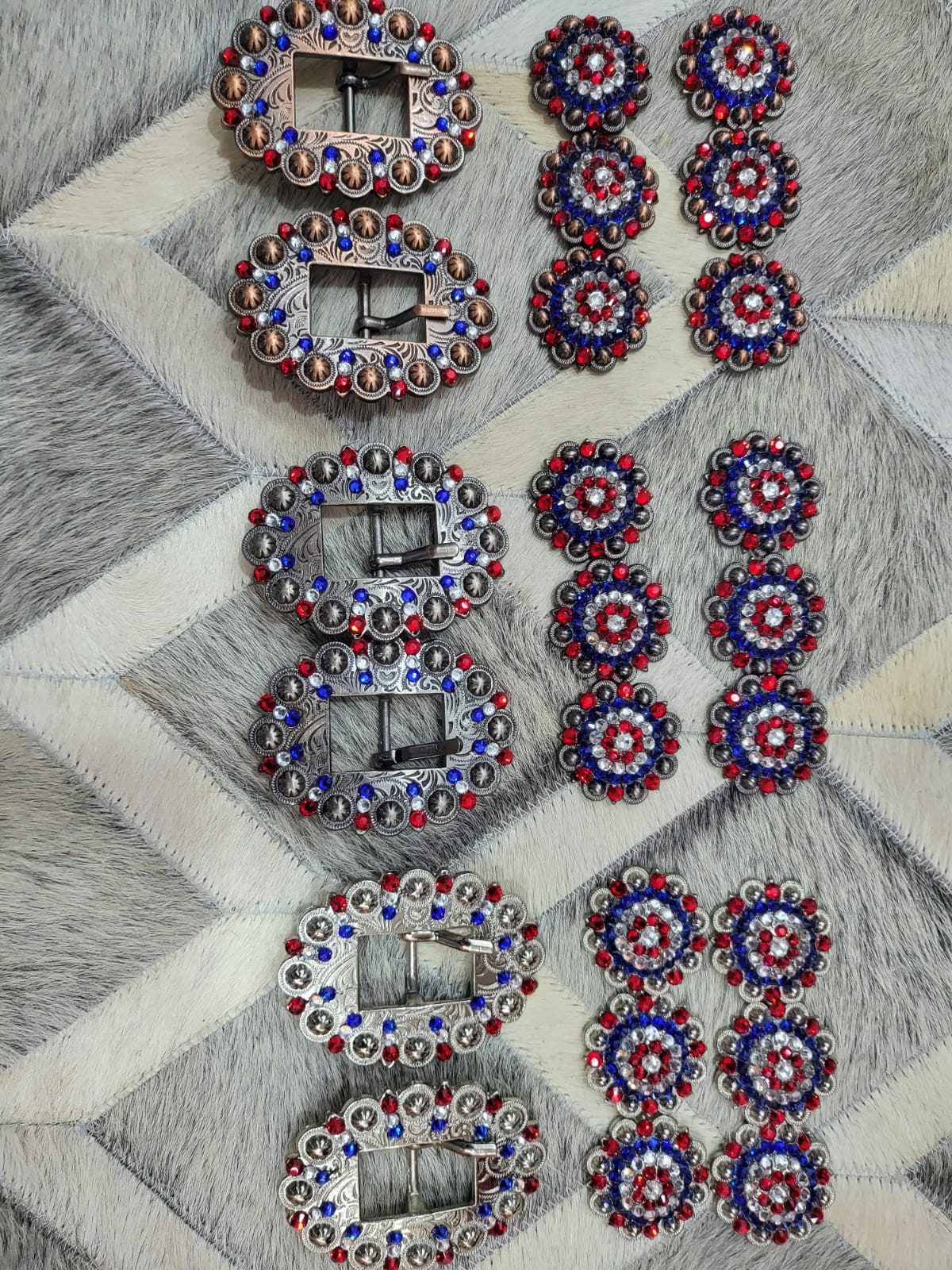 Antique Conchos Decorated with Red Royal White Stones Bling Buckle Set Handcrafted Mandala Design Floral Pattern Western Conchos for Saddle