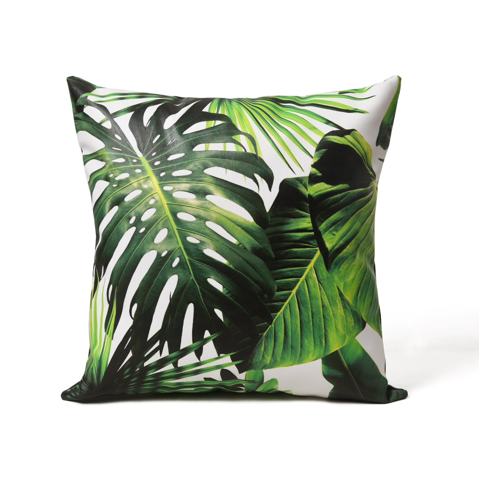 MOUSM Faux Leather Cushion Cover – 18x18 Inches Green Tropical Palm Leaf Print – Decorative Throw Pillowcase for Living Room, Patio, or Bedroom – Exotic Plant-Themed Home Accent