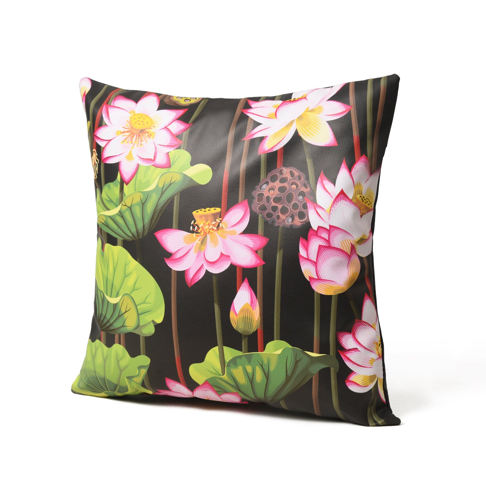 MOUSM Faux Leather Cushion Cover – 18x18 Inches Pink Lotus & Snow Botanical Print – Modern Decorative Throw Pillowcase for Sofa, Living Room, or Bedroom