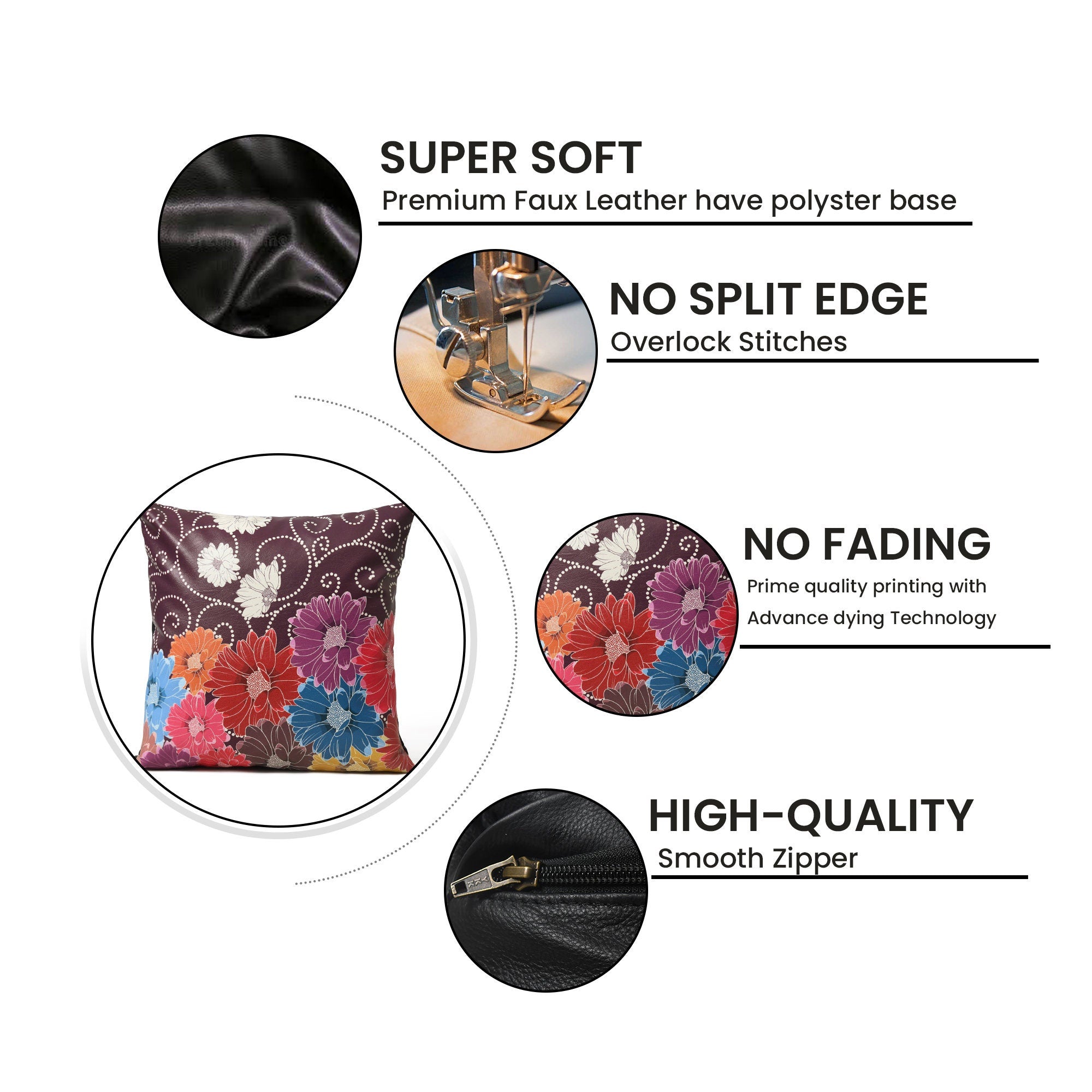 MOUSM Faux Leather Cushion Cover - 18x18 Inches Square Throw Pillowcase, Cushion Cover with Multi-Color Flower Print for Sofa, Couch, Bed, Office & Living Room Décor